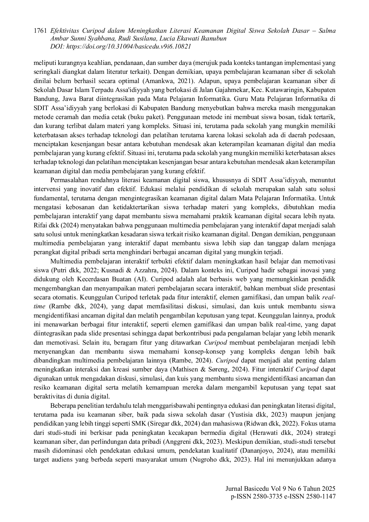 JURIS Efektivitas Curipod dalam Meningkatkan Literasi Keamanan Digital Siswa Sekolah Dasar