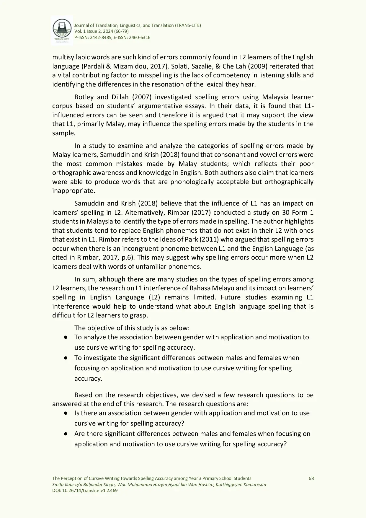 JURIS The Perception of Cursive Writing towards Spelling Accuracy among Year 3 Primary School Students