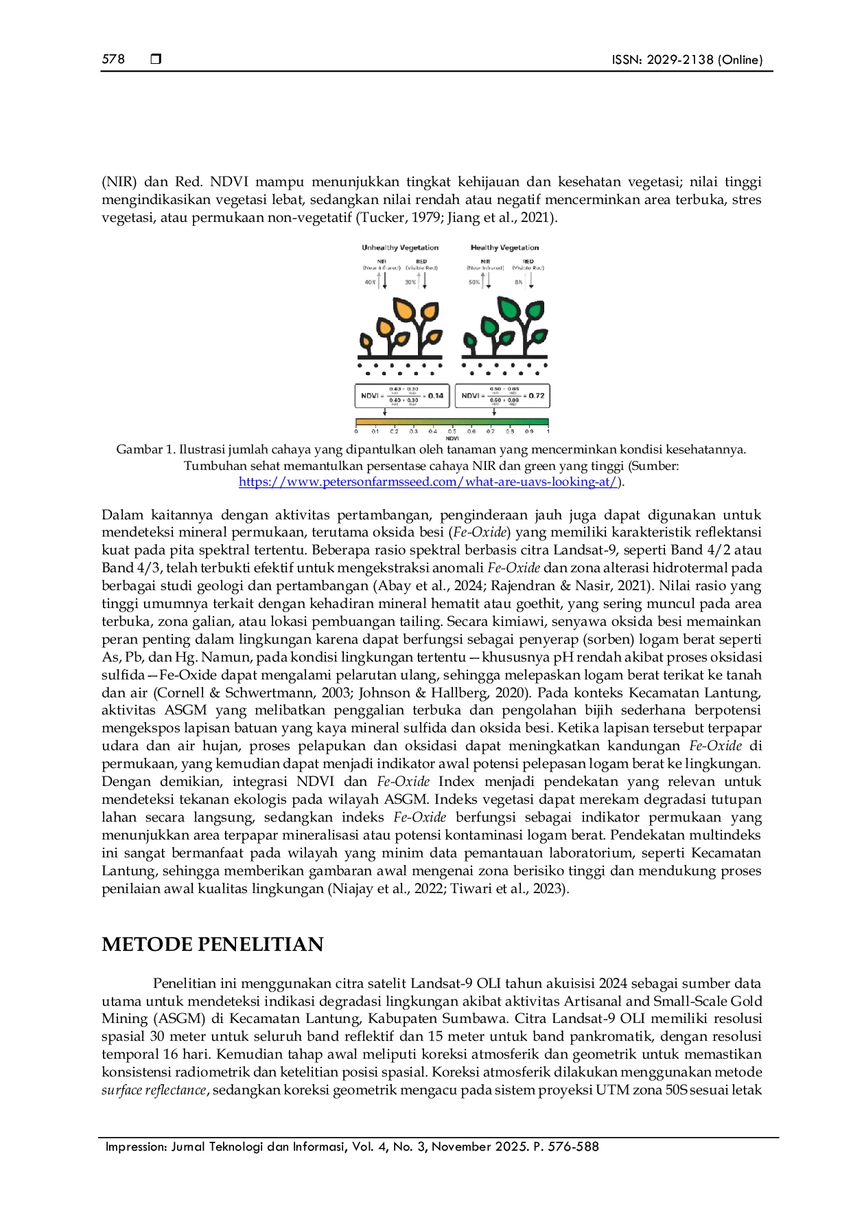 JURIS Analisis Spasial Dampak Lingkungan Akibat ASGM Menggunakan Indeks NDVI dan Fe Oxide dari Citra Landsat 9 di Kecamatan Lantung Sumbawa Indonesia