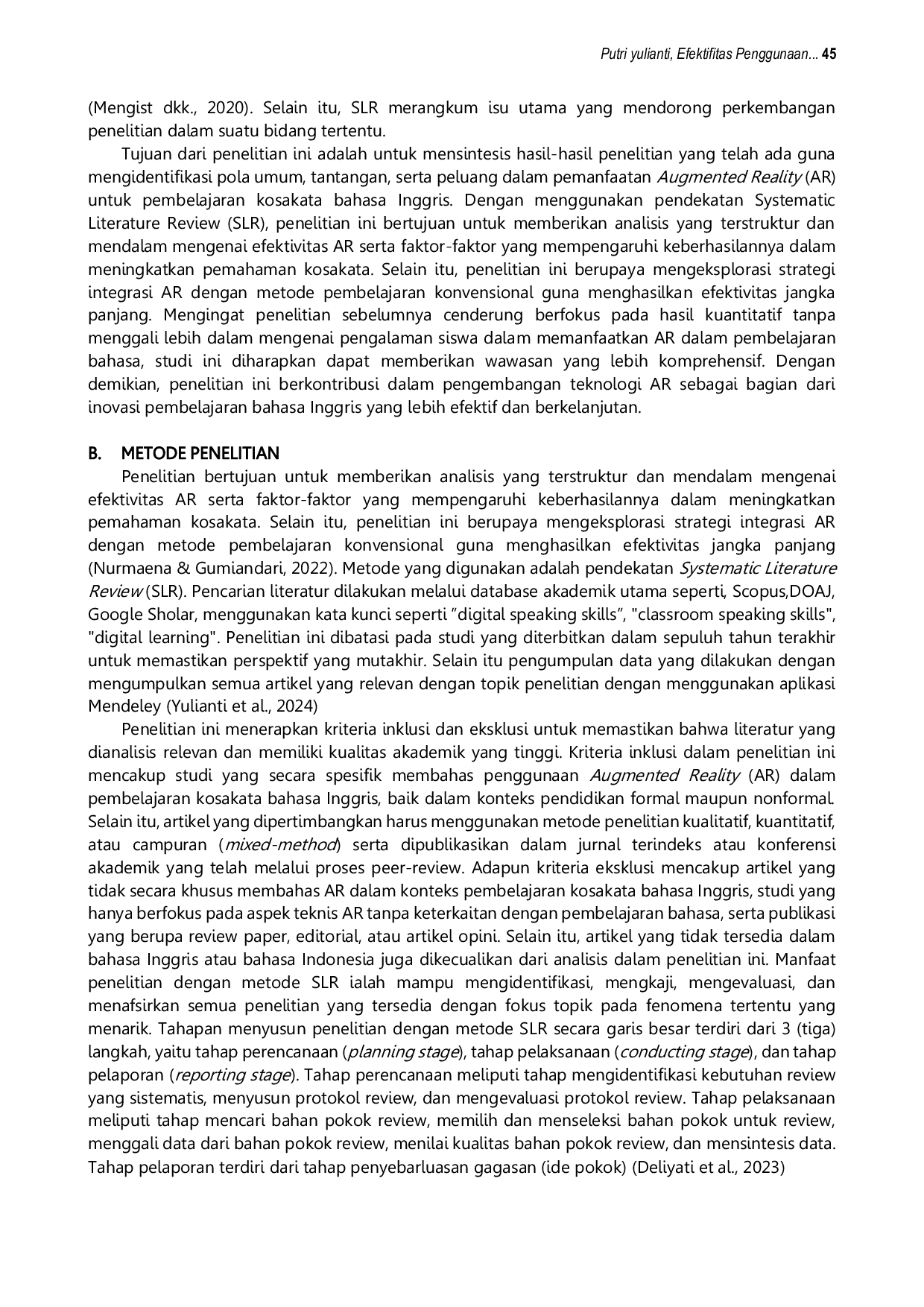 JURIS Efektivitas Penggunaan Augmented Reality dalam Meningkatkan Pemahaman Kosakata Bahasa Inggris Sistematik Literature Review