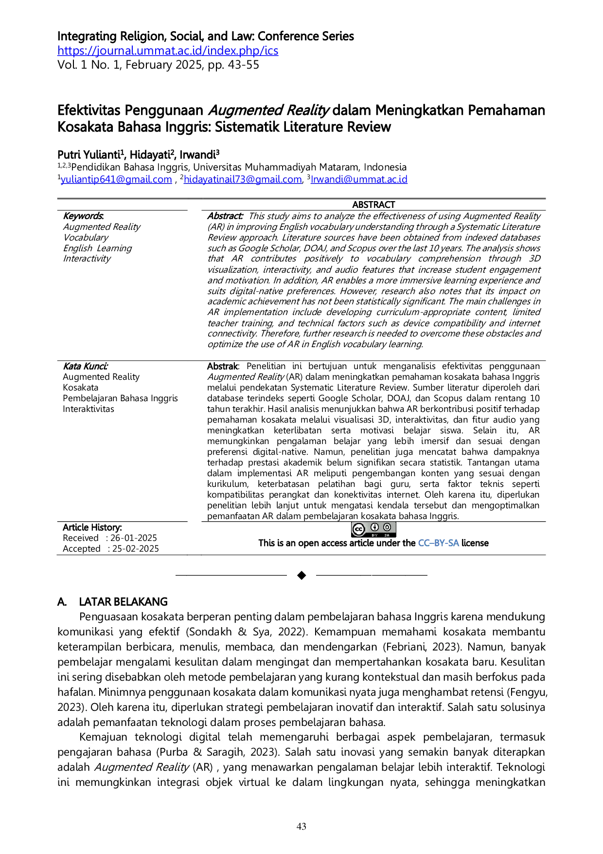 JURIS Efektivitas Penggunaan Augmented Reality dalam Meningkatkan Pemahaman Kosakata Bahasa Inggris Sistematik Literature Review