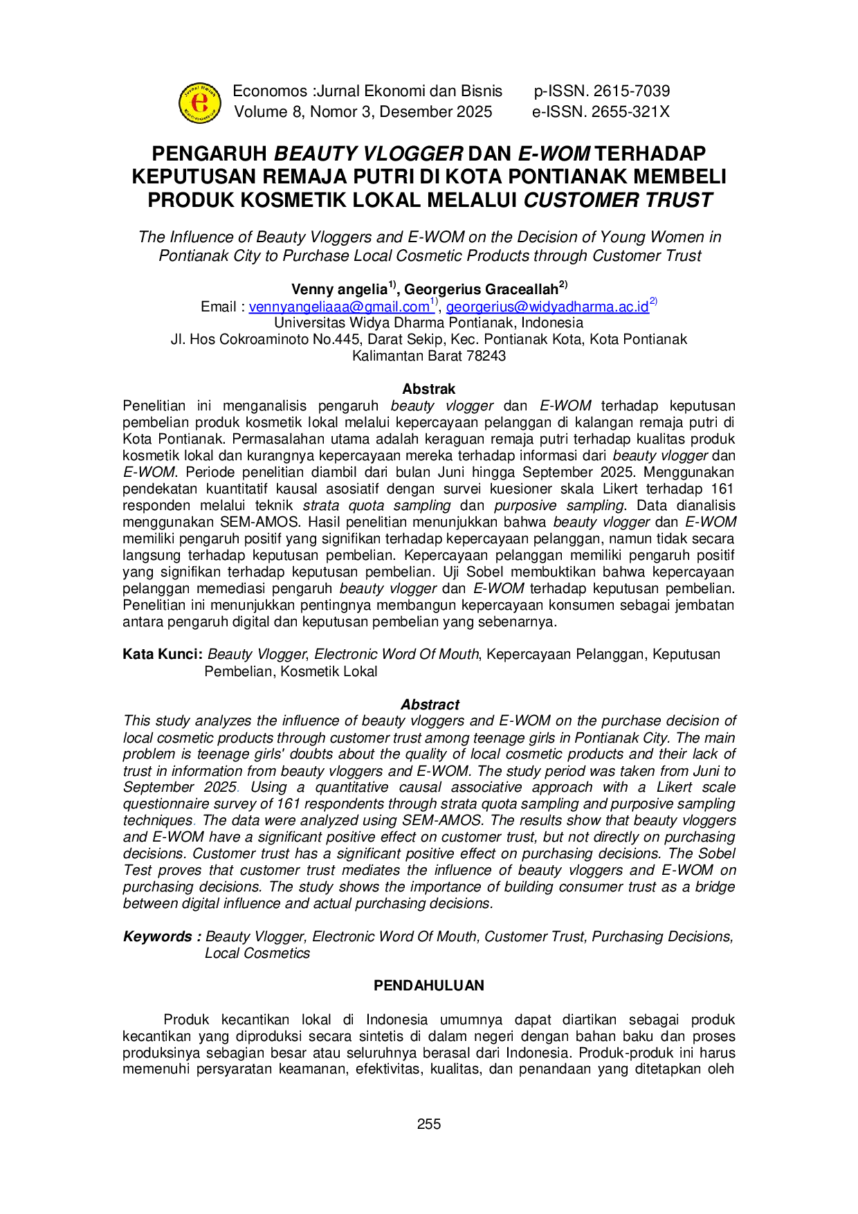 JURIS The Influence of Beauty Vloggers and E WOM on the Decision of Young Women in Pontianak City to Purchase Local Cosmetic Products through Customer Trust
