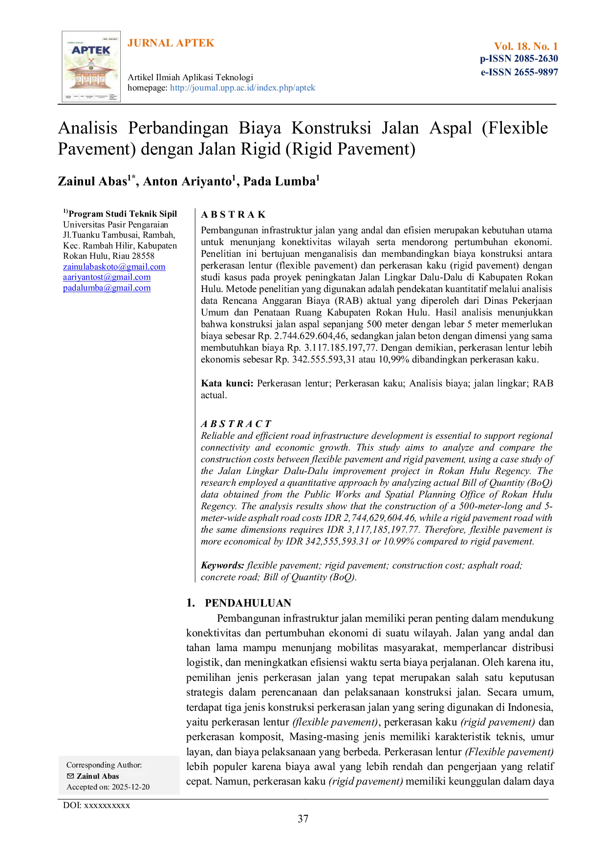 JURIS Analisis Perbandingan Biaya Konstruksi Jalan Aspal Flexible Pavement dengan Jalan Rigid Rigid Pavement