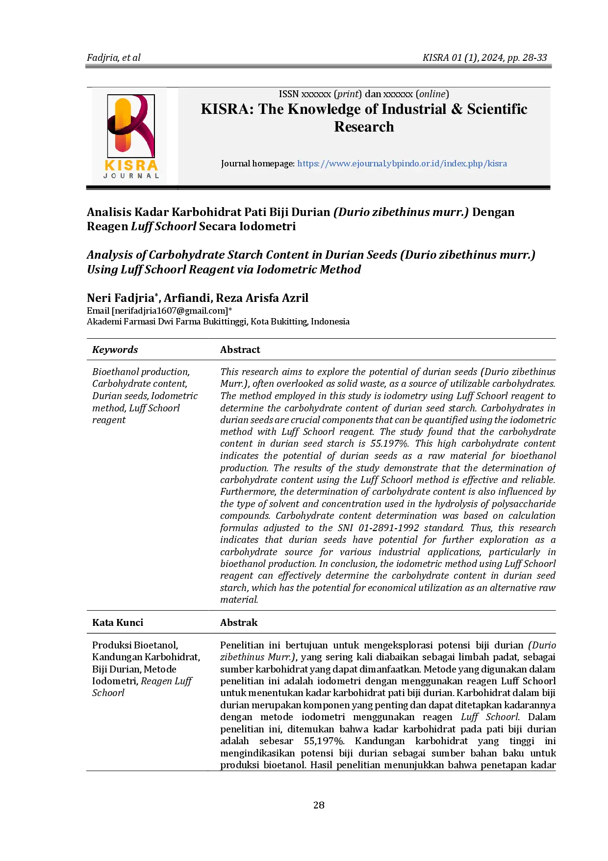 juris Analisis Kadar Karbohidrat Pati Biji Durian Durio zibethinus murr Dengan Reagen Luff Schoorl Secara Iodometri