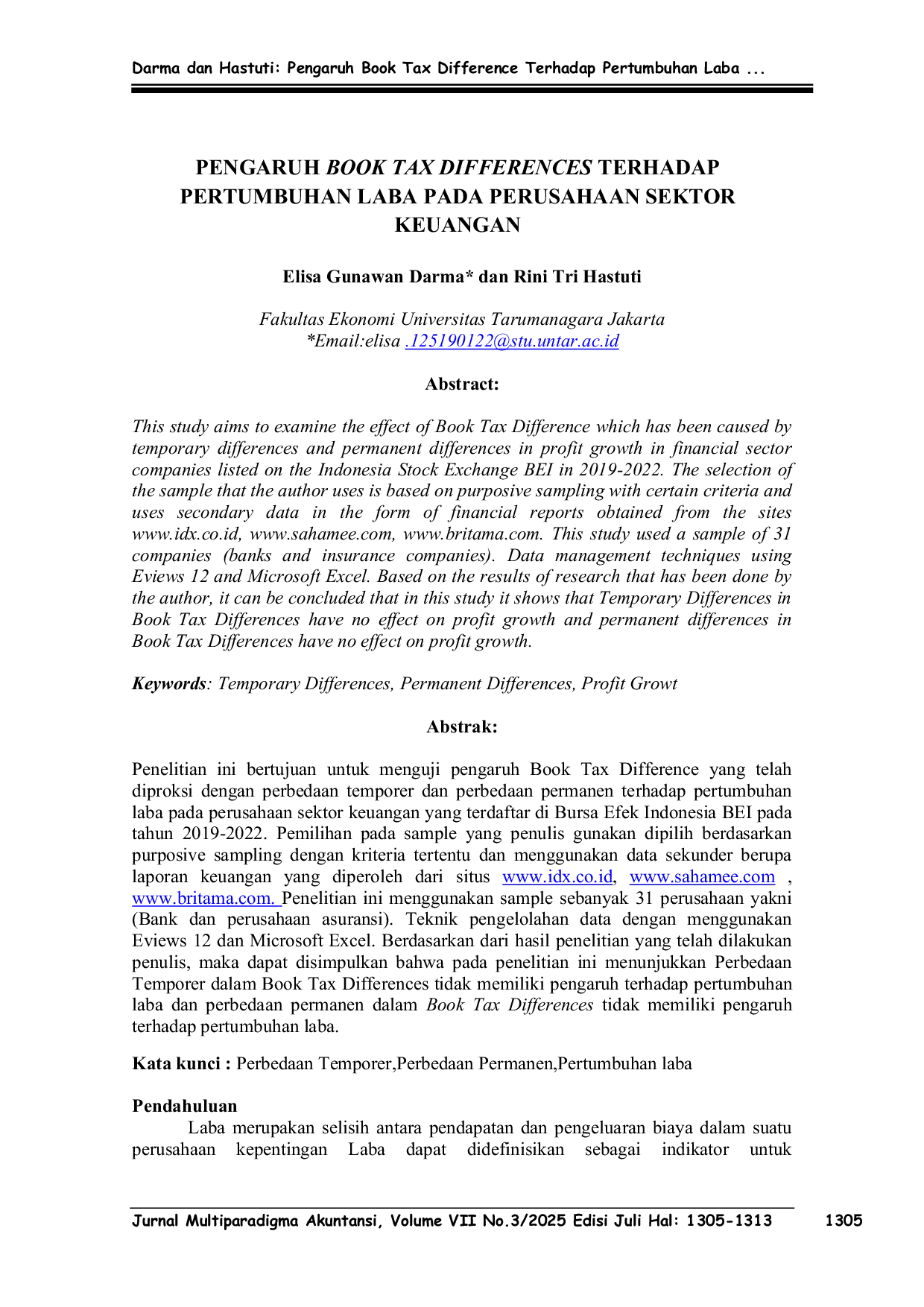 JURIS Pengaruh Book Tax Differences Terhadap Pertumbuhan Laba Pada Perusahaan Sektor Keuangan