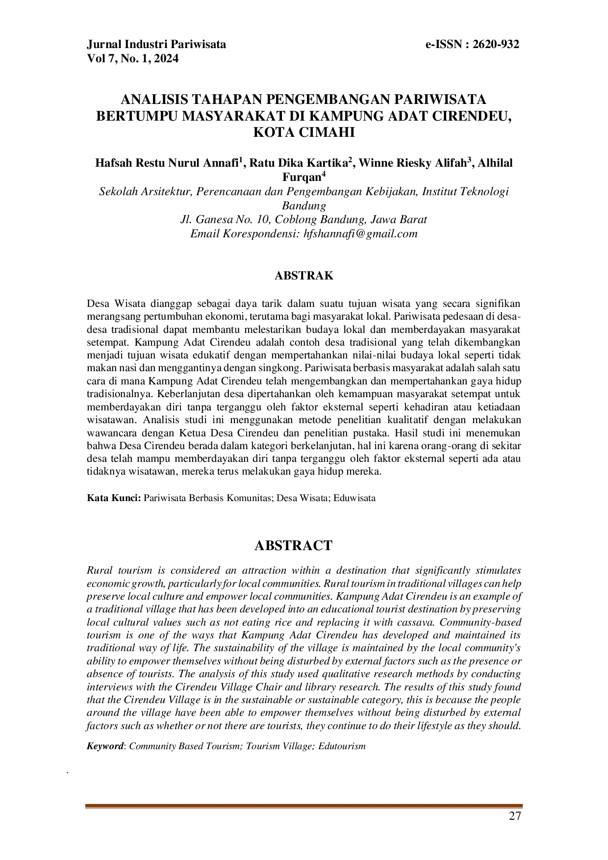 juris Analisis Tahapan Pengembangan Pariwisata Bertumpu Masyarakat Di Kampung Adat Cirendeu Kota Cimahi