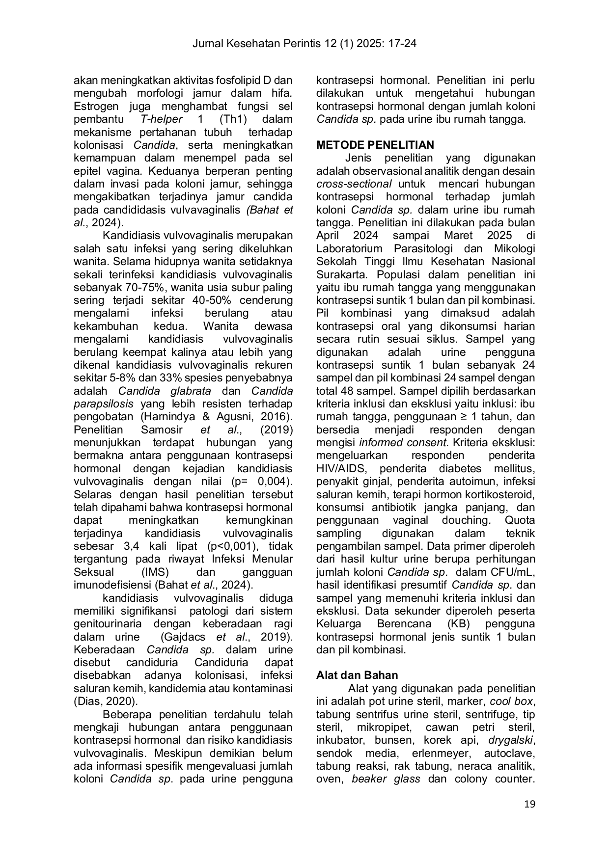 JURIS Kontrasepsi Hormonal terhadap Jumlah Koloni Candida sp pada Urine Ibu Rumah Tangga