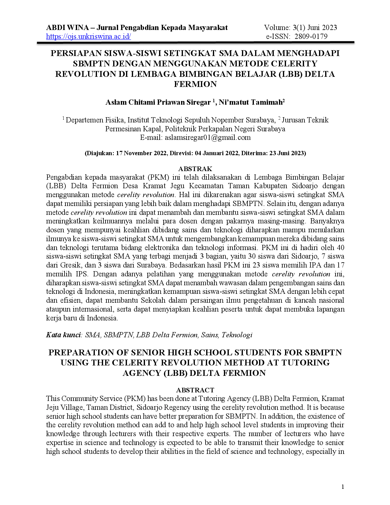 juris Persiapan Siswa Siswi Setingkat SMA dalam Menghadapi SBMPTN dengan Menggunakan Metode Celerity Revolution di Lembaga Bimbingan Belajar LBB Delta Fermion