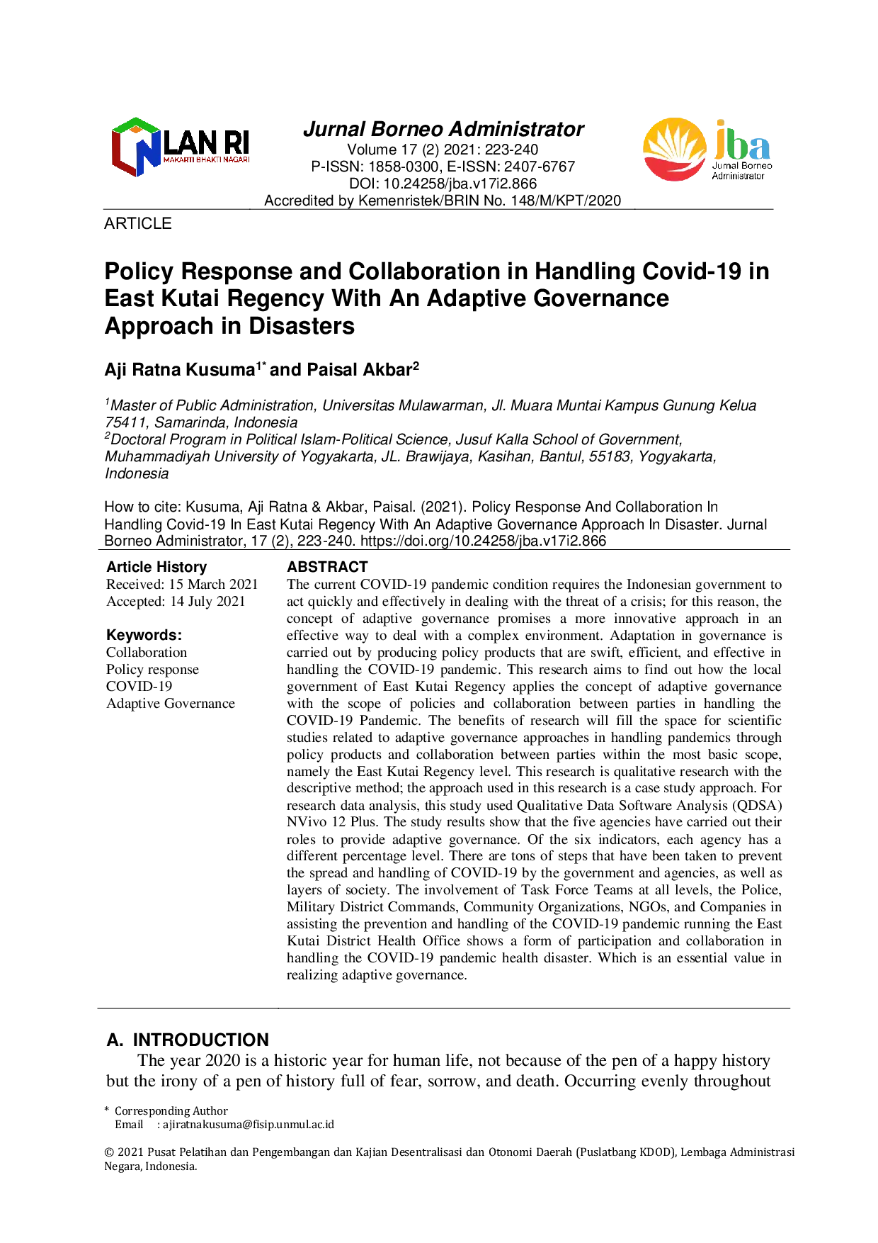 JURIS Policy Response and Collaboration in Handling Covid 19 East Kutai Regency With An Adaptive Governance Approach in Disasters