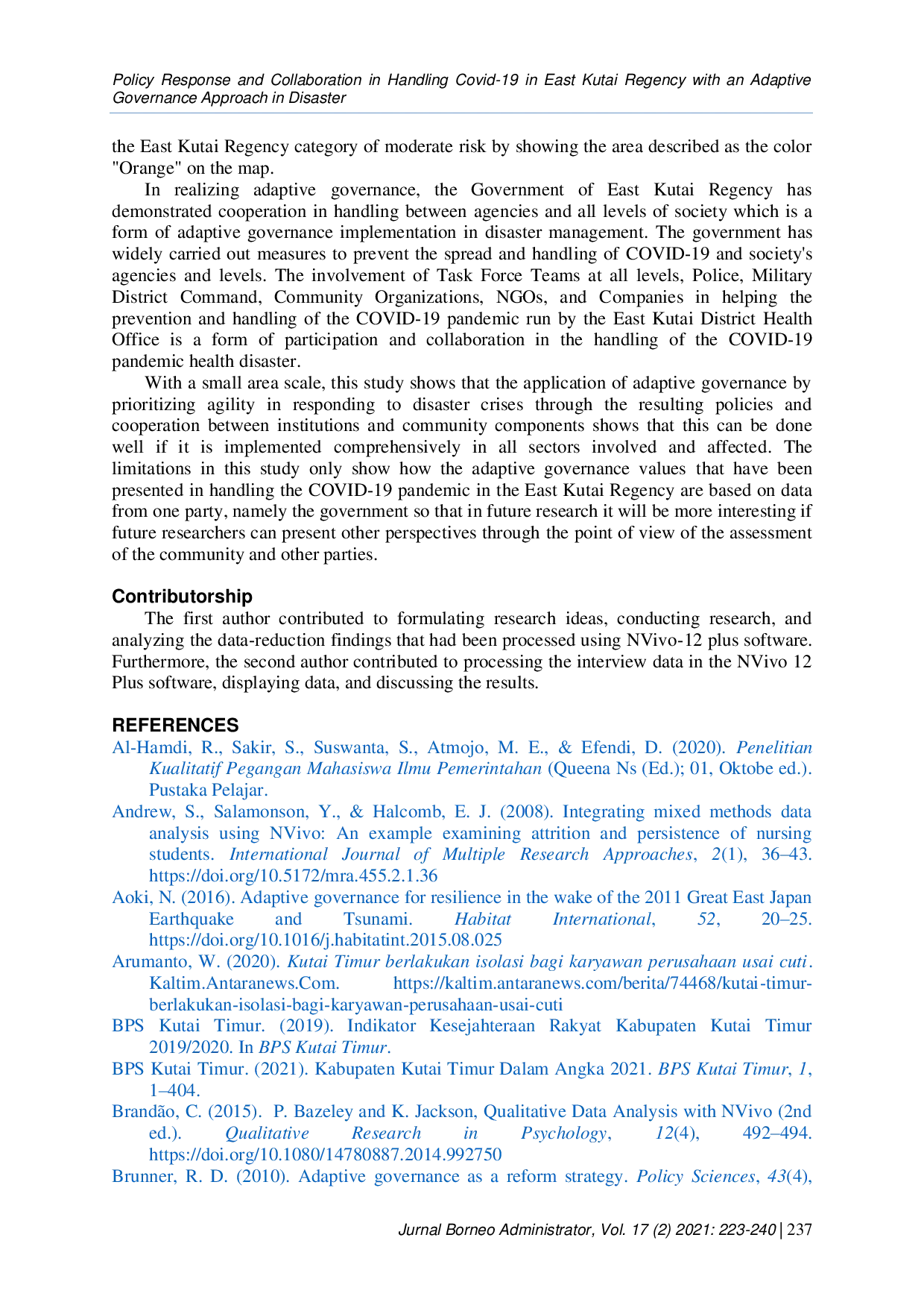 JURIS Policy Response and Collaboration in Handling Covid 19 East Kutai Regency With An Adaptive Governance Approach in Disasters