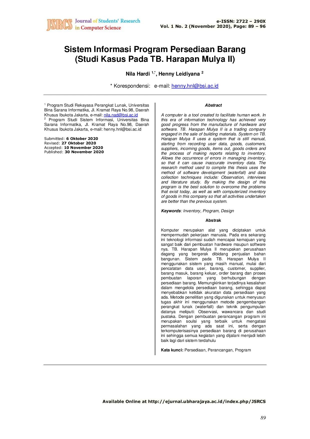 JURIS Sistem Informasi Program Persediaan Barang Studi Kasus Pada TB Harapan Mulya II