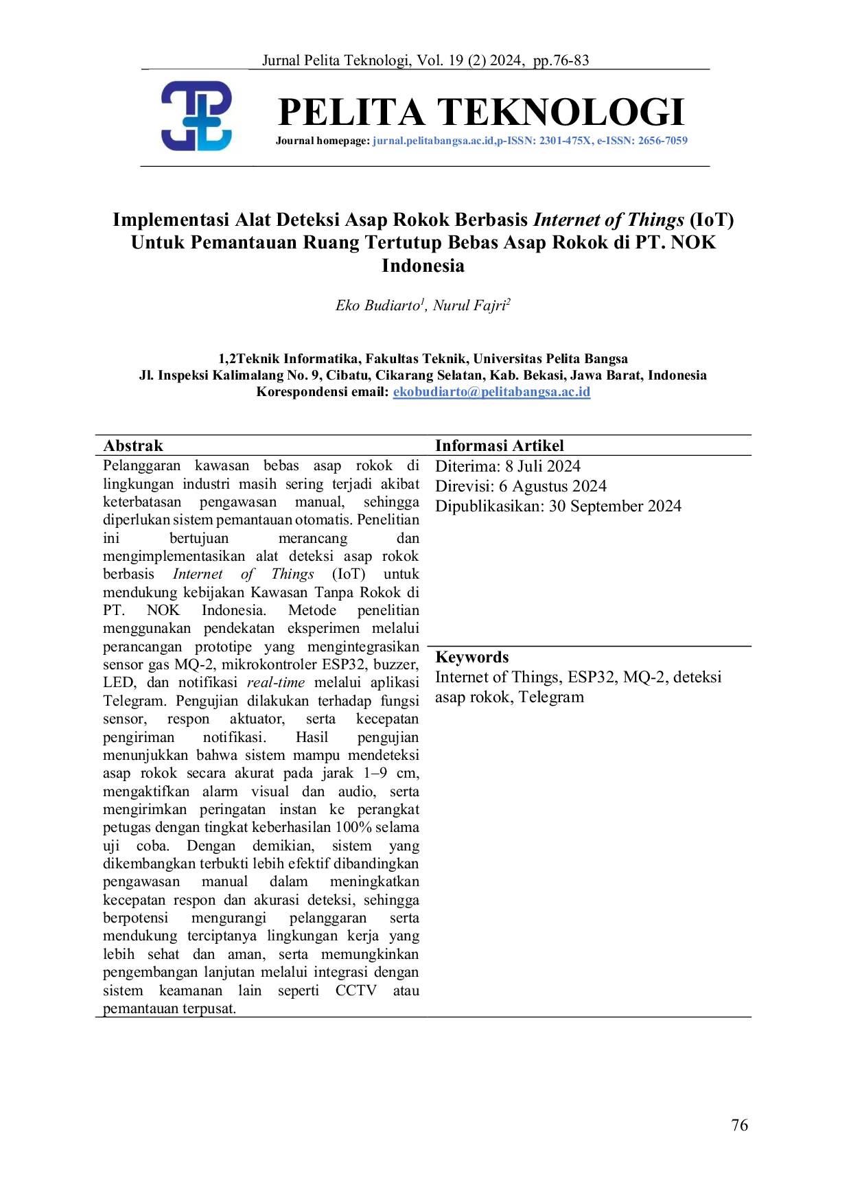 JURIS Implementasi Alat Deteksi Asap Rokok Berbasis Internet of Things IoT Untuk Pemantauan Ruang Tertutup Bebas Asap Rokok di PT NOK Indonesia