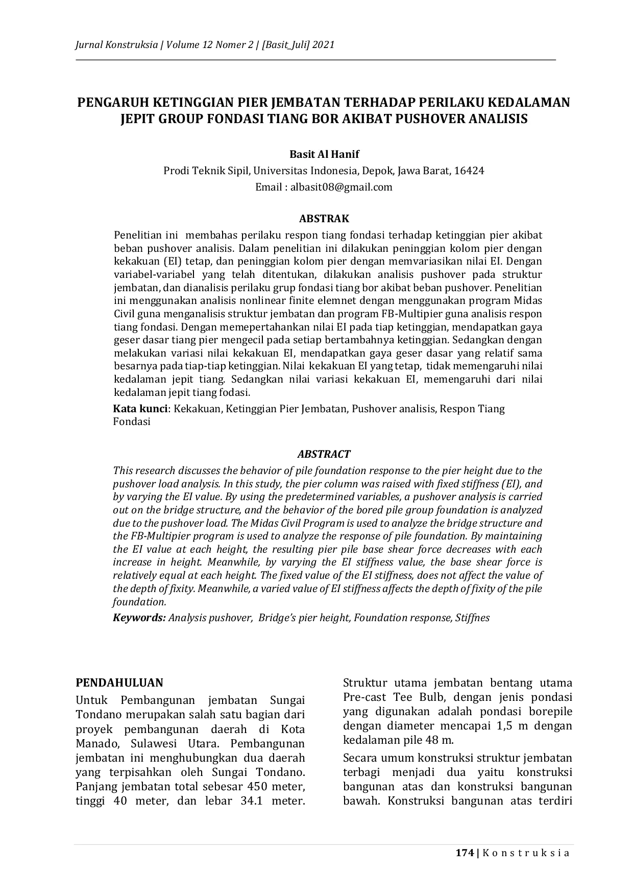 JURIS Pengaruh Ketinggian Pier Jembatan Terhadap Perilaku Kedalaman Jepit Group Fondasi Tiang Bor Akibat Pushover Analisis