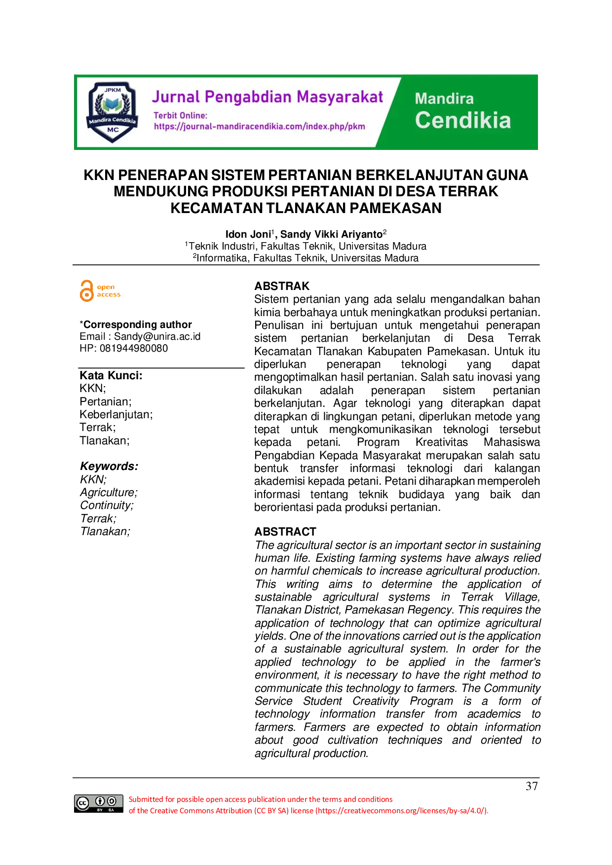 JURIS KKN Penerapan Sistem Pertanian Berkelanjutan Guna Mendukung Produksi Pertanian Di Desa Terrak Kecamatan Tlanakan Pamekasan