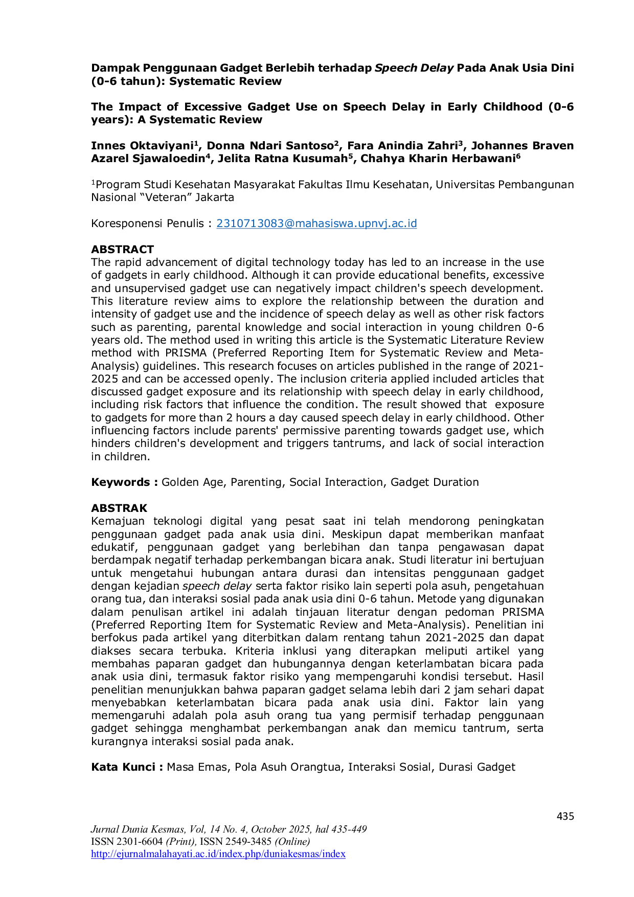 JURIS Dampak Penggunaan Gadget Berlebih terhadap Speech Delay Pada Anak Usia Dini 0 6 tahun Systematic Review