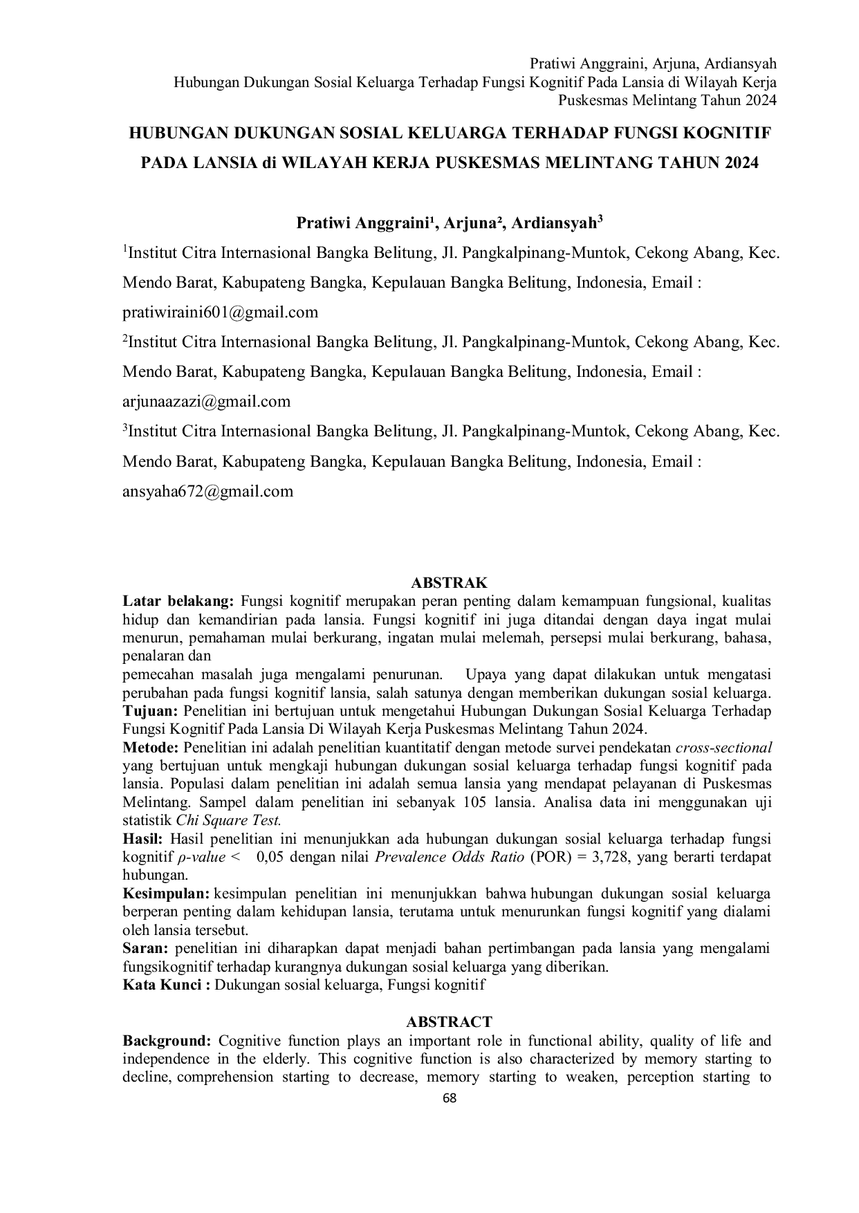 JURIS Hubungan Dukungan Sosial Keluarga Terhadap Fungsi Kognitif Pada Lansia di Wilayah Kerja Puskesmas Melintang Tahun 2024