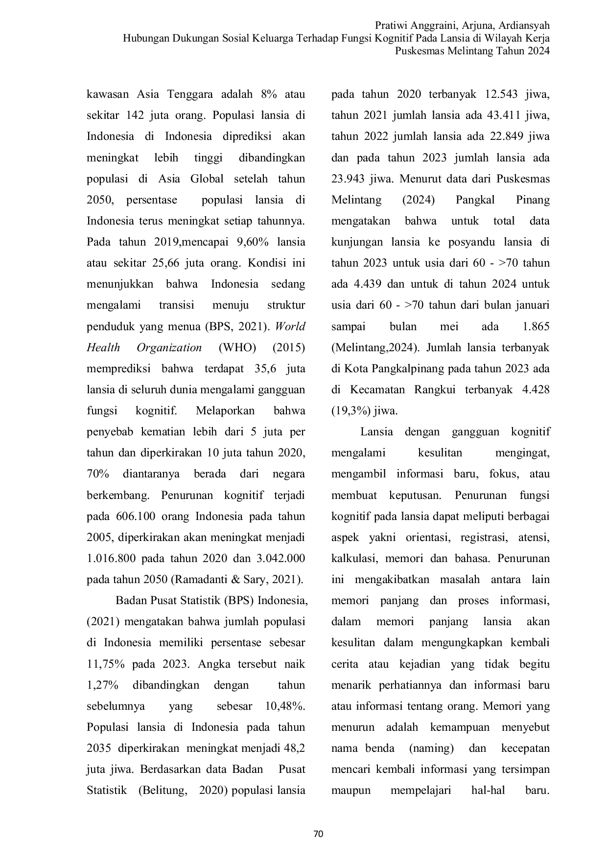 JURIS Hubungan Dukungan Sosial Keluarga Terhadap Fungsi Kognitif Pada Lansia di Wilayah Kerja Puskesmas Melintang Tahun 2024