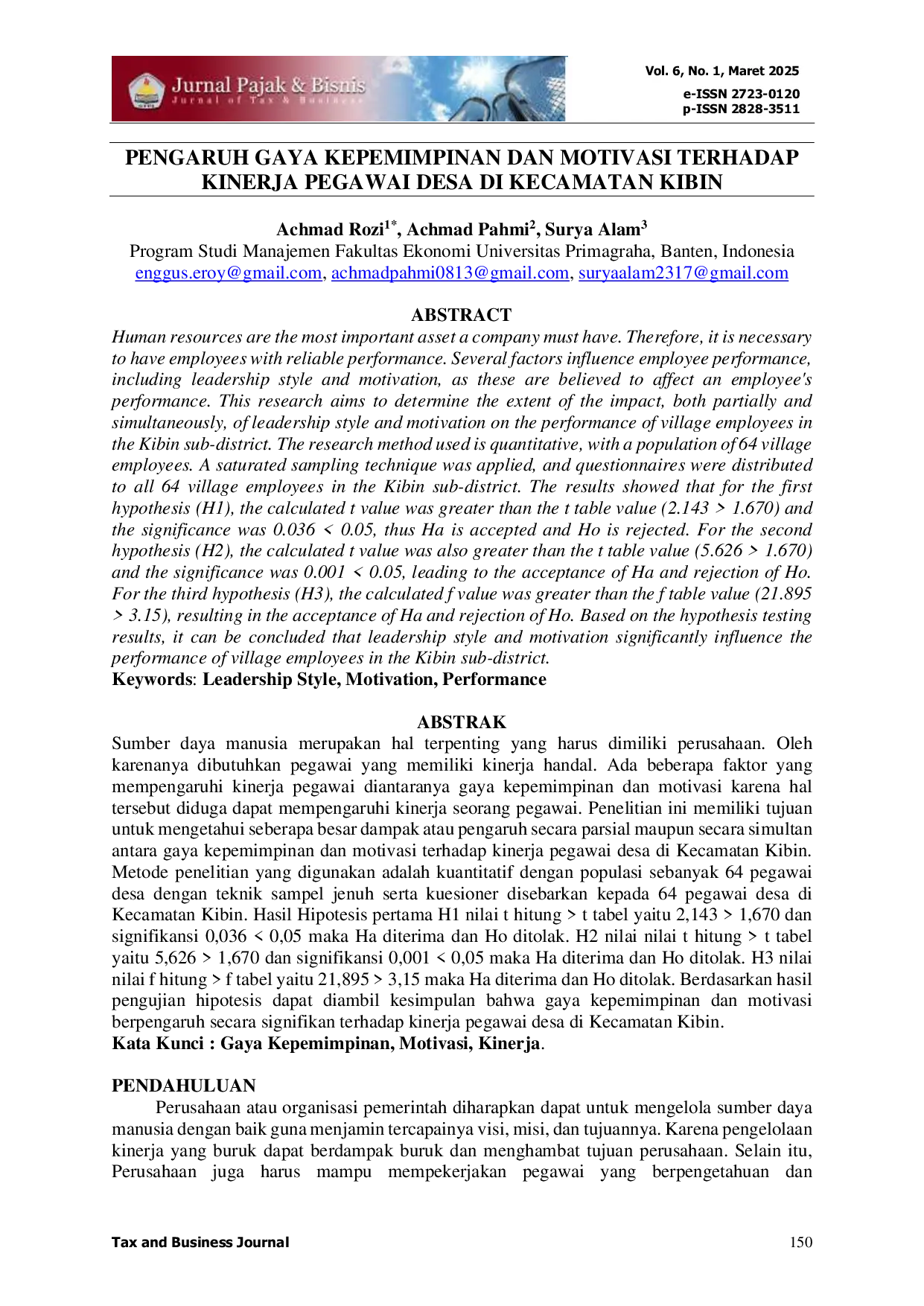 JURIS Pengaruh Gaya Kepemimpinan Dan Motivasi Terhadap Kinerja Pegawai Desa Di Kecamatan Kibin