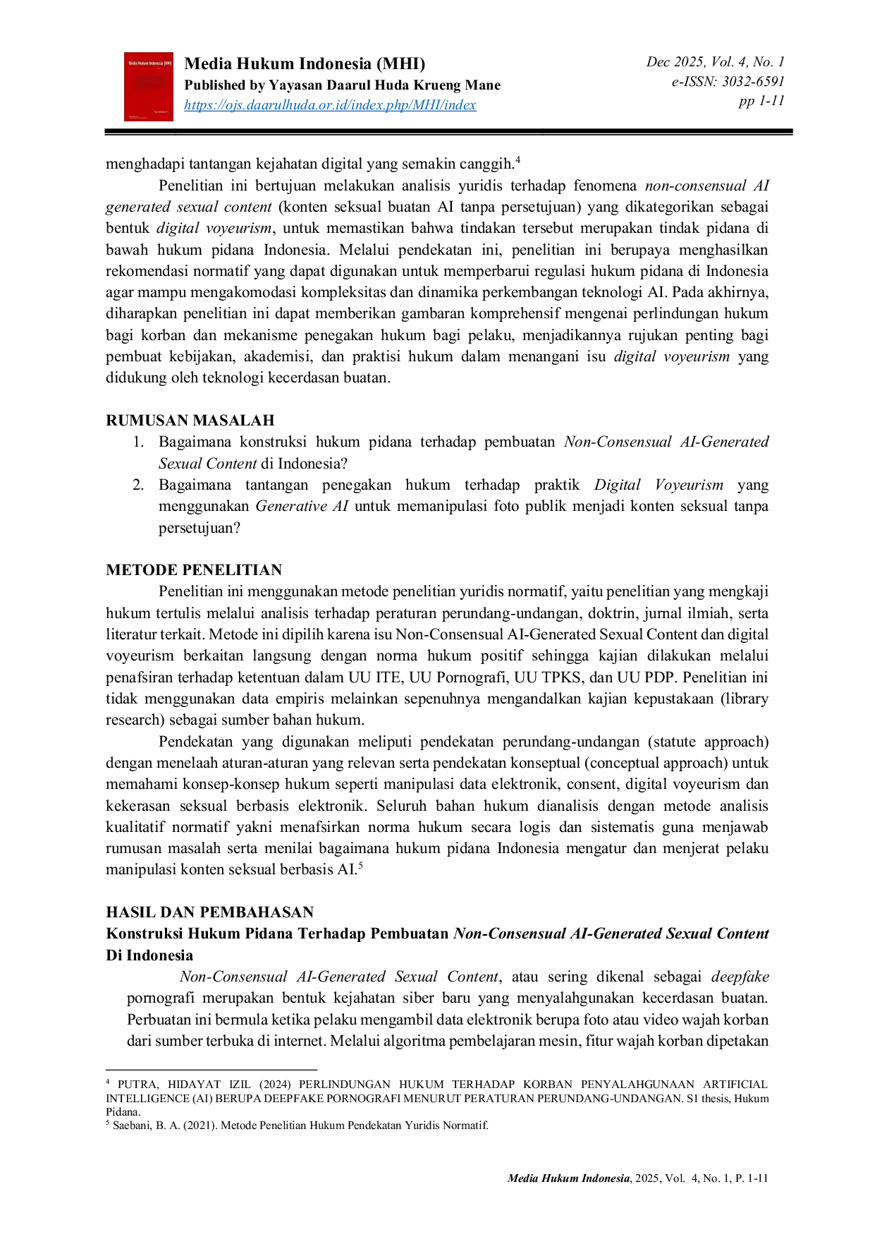 JURIS Juridical Analysis of Non Consensual AI Generated Sexual Content as Digital Voyeurism in Indonesian Criminal Law