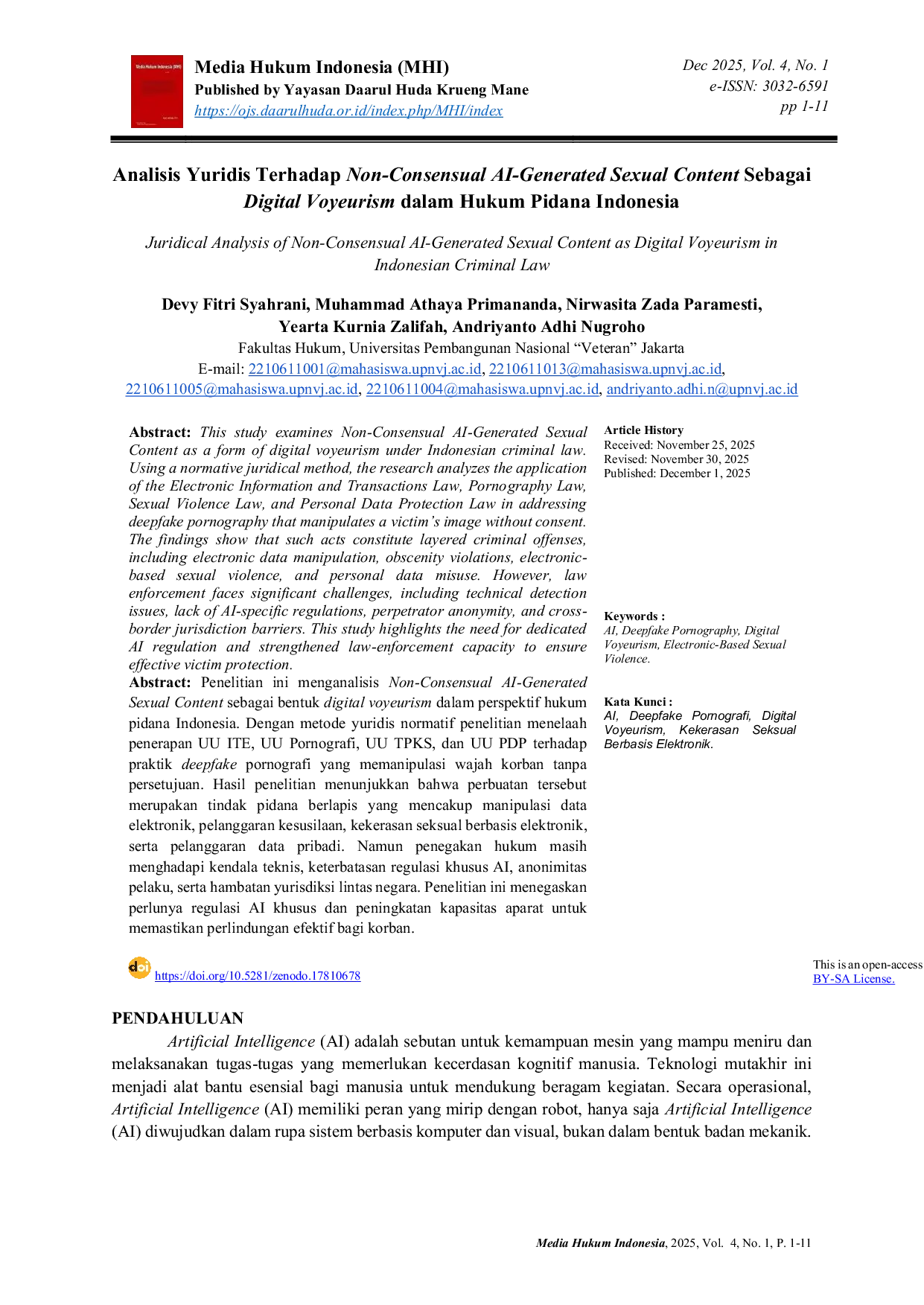 JURIS Juridical Analysis of Non Consensual AI Generated Sexual Content as Digital Voyeurism in Indonesian Criminal Law