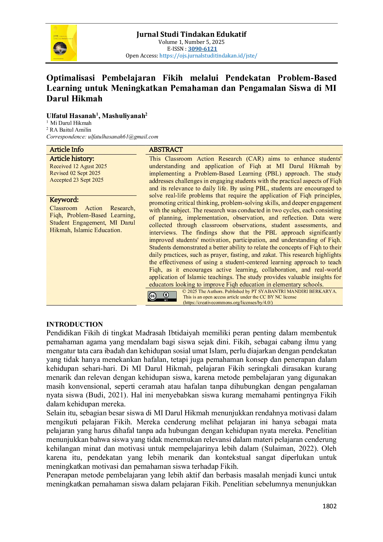 JURIS Optimalisasi Pembelajaran Fikih Melalui Pendekatan Problem Based Learning Untuk Meningkatkan Pemahaman Dan Pengamalan Siswa Di MI Darul Hikmah