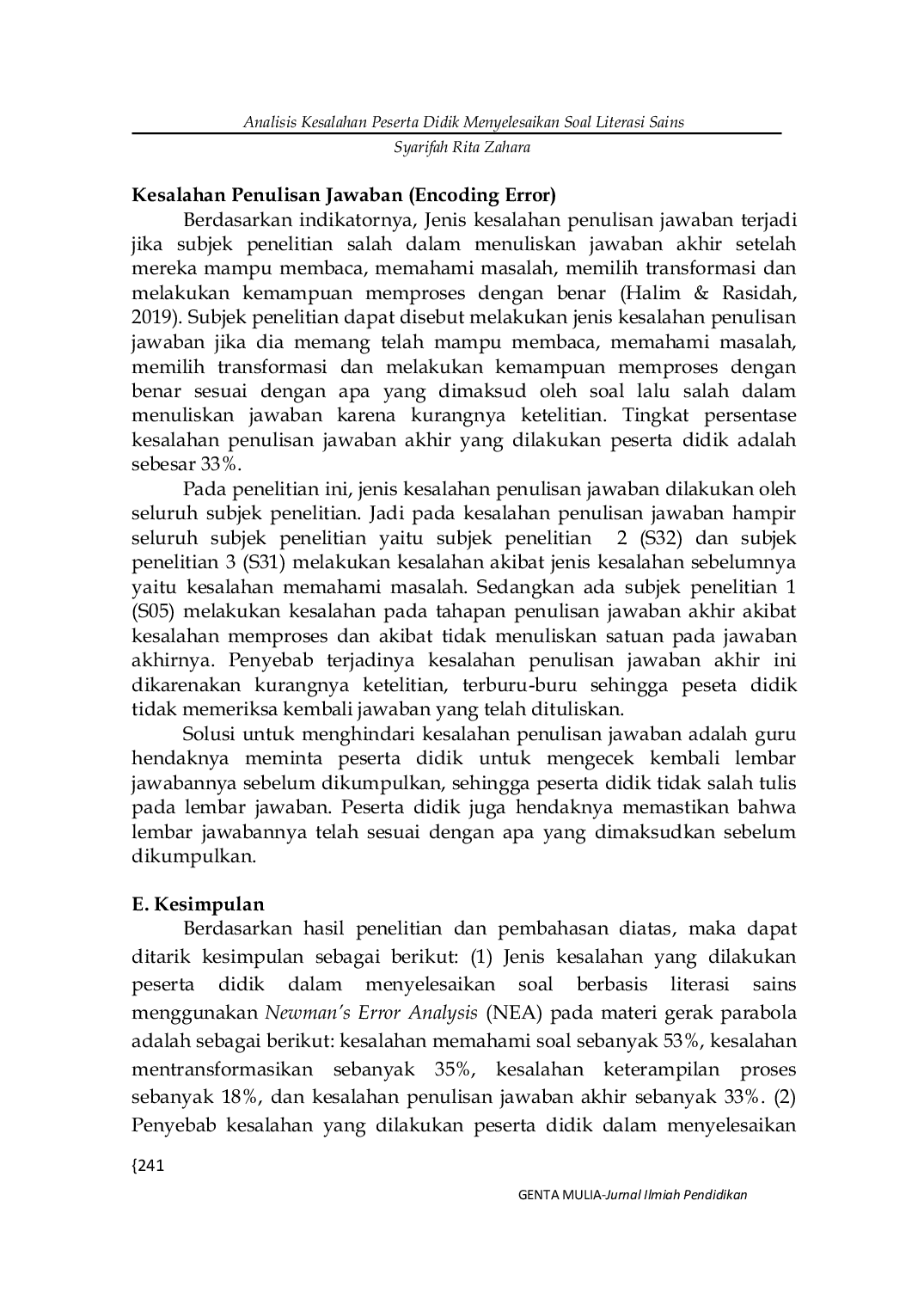JURIS Analisis Kesalahan Peserta Didik Menyelesaikan Soal Literasi Sains Materi Gerak Parabola Implementasi Newman s Error Analysis NEA
