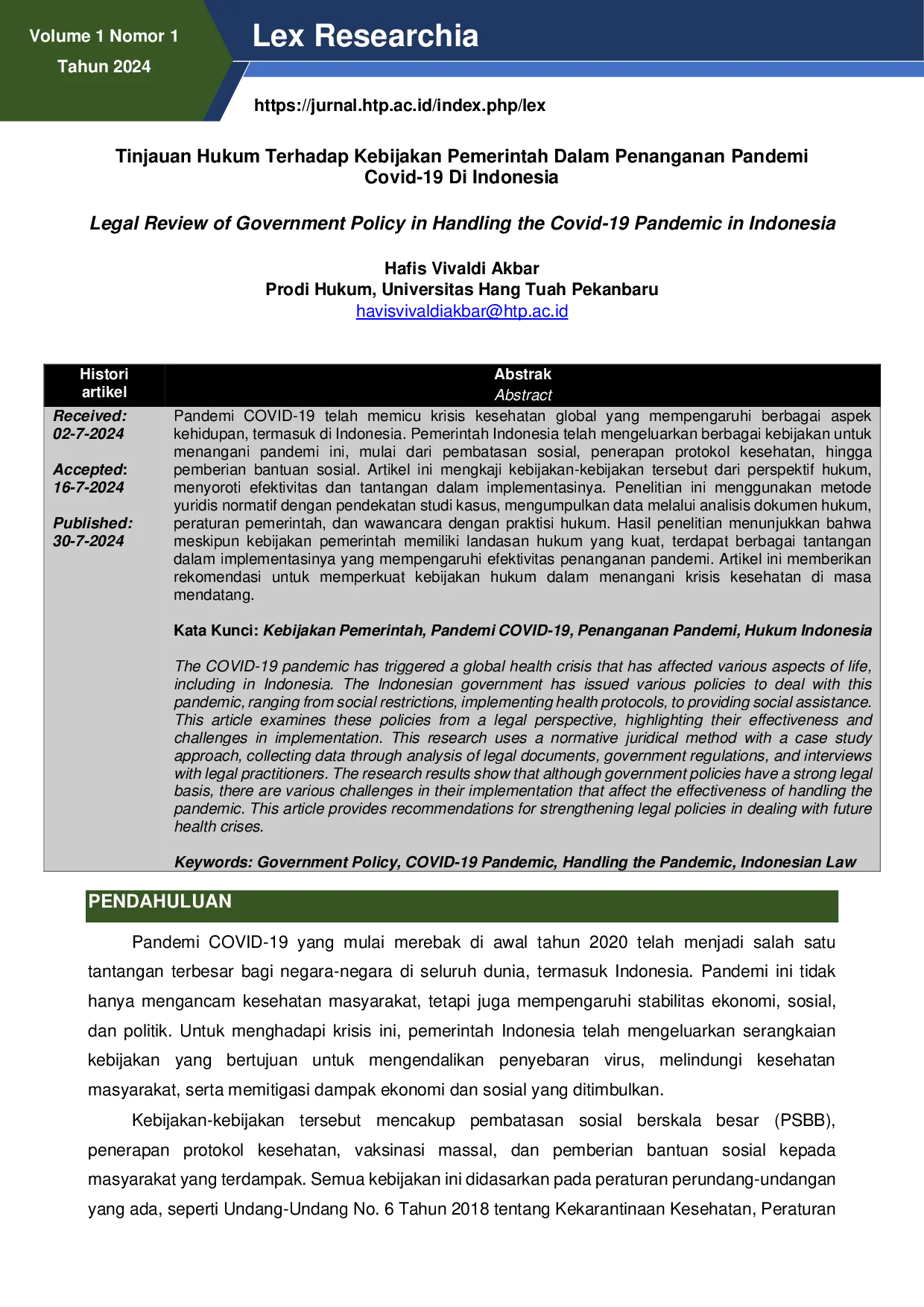 JURIS Legal Review of Government Policy in Handling the Covid 19 Pandemic in Indonesia Tinjauan Hukum Terhadap Kebijakan Pemerintah Dalam Penanganan Pandemi Covid 19 Di Indonesia