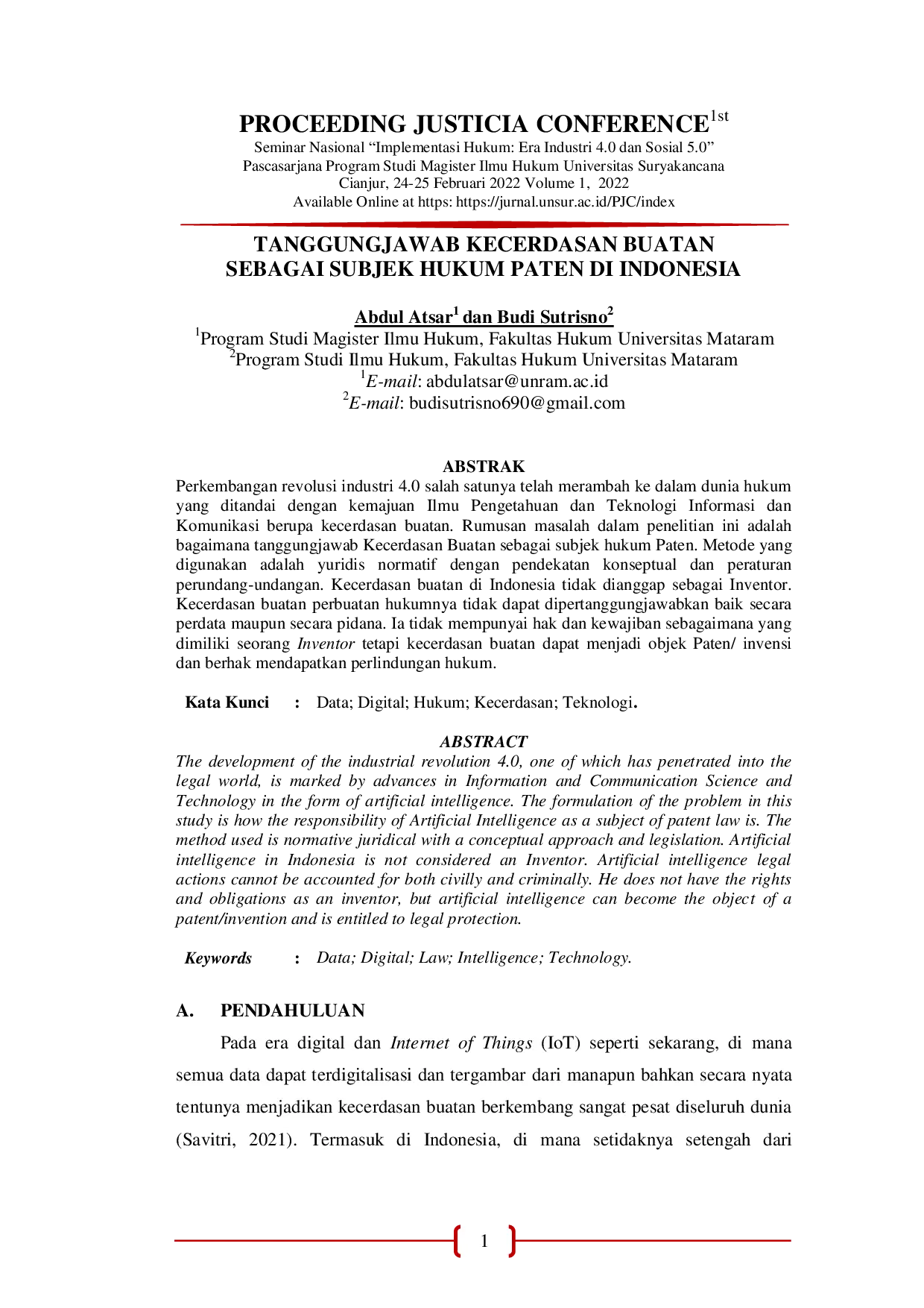 JURIS Tanggungjawab Kecerdasan Buatan Sebagai Subjek Hukum Paten Di Indonesia