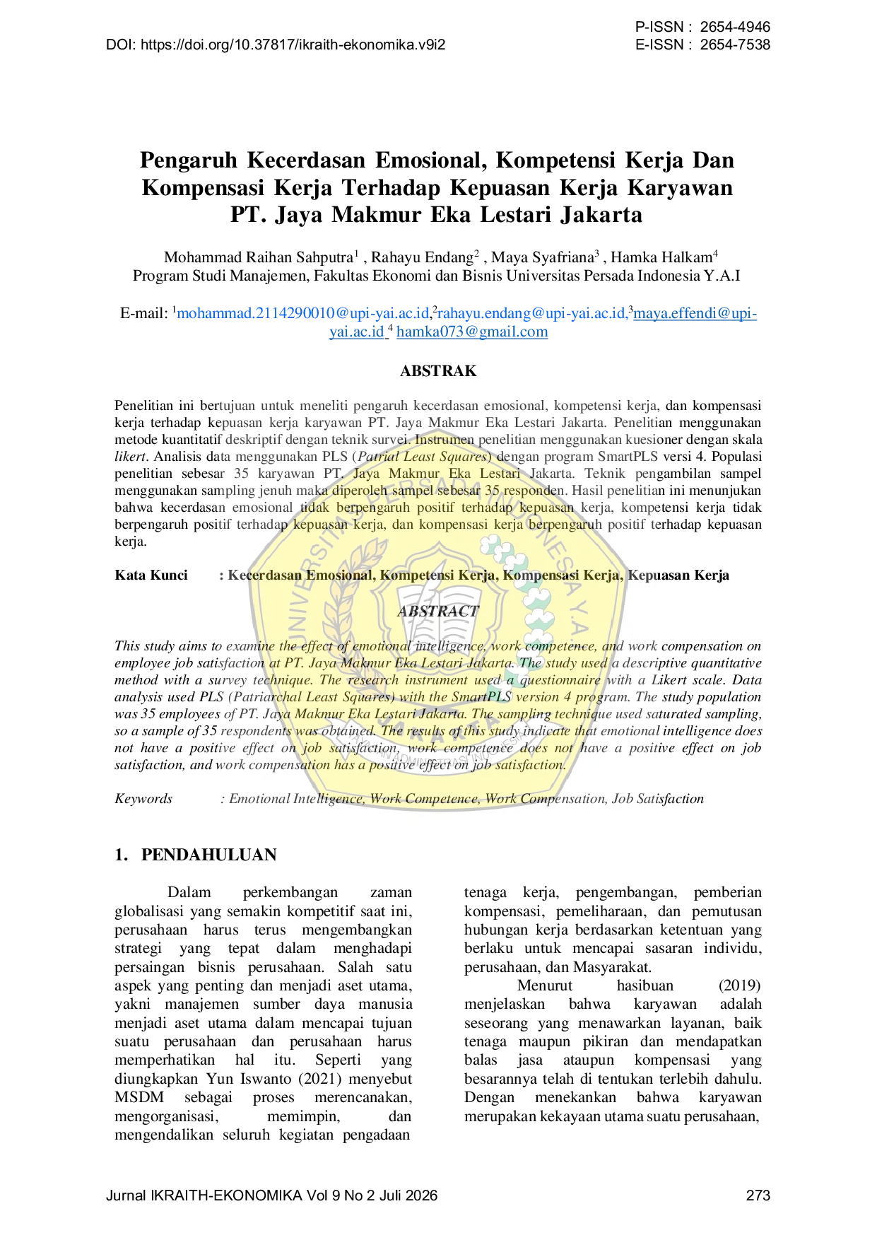 JURIS Pengaruh Kecerdasan Emosional Kompetensi Kerja Dan Kompensasi Kerja Terhadap Kepuasan Kerja Karyawan PT Jaya Makmur Eka Lestari Jakarta