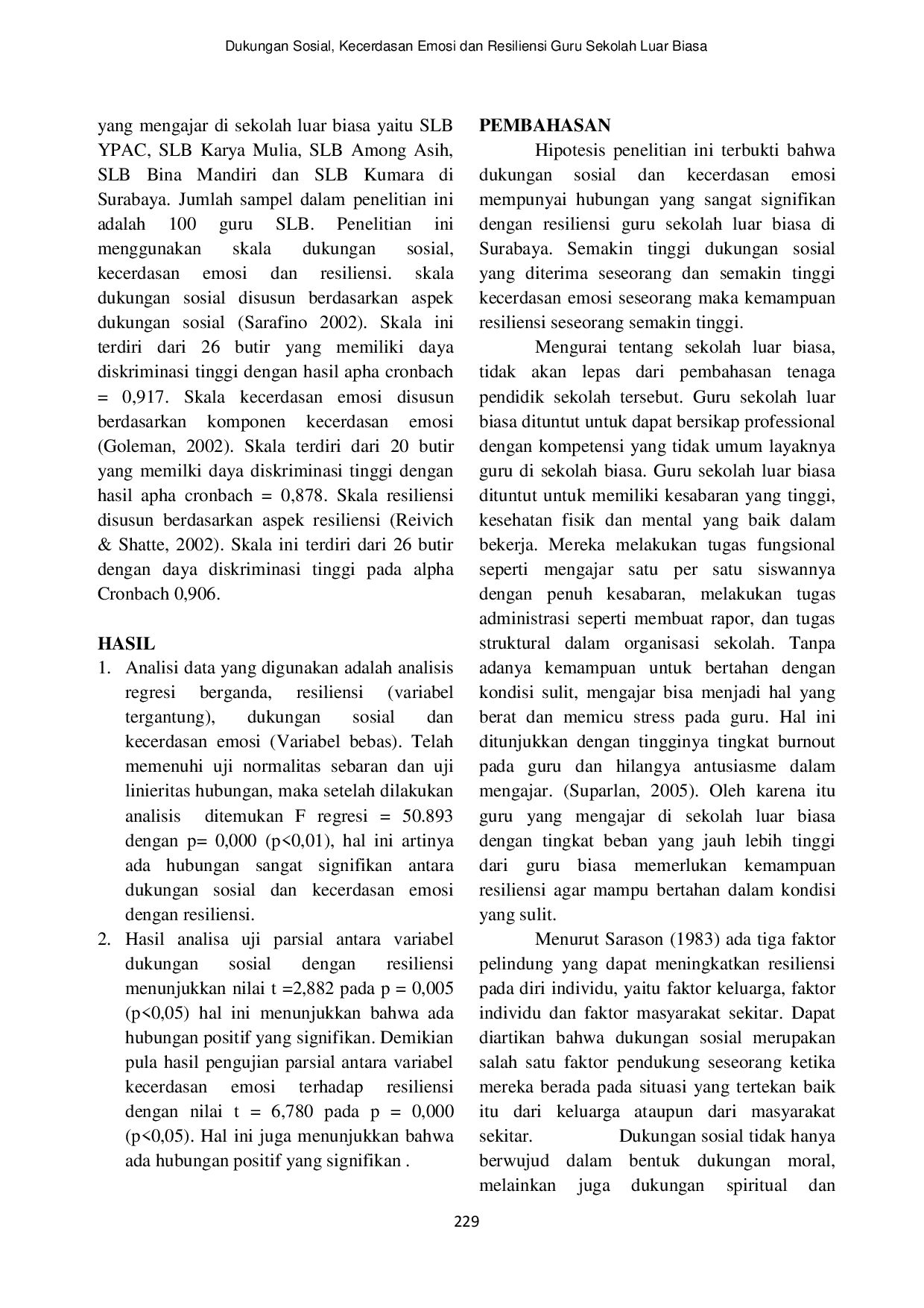 JURIS Dukungan Sosial Kecerdasan Emosi Dan Resiliensi Guru Sekolah Luar Biasa