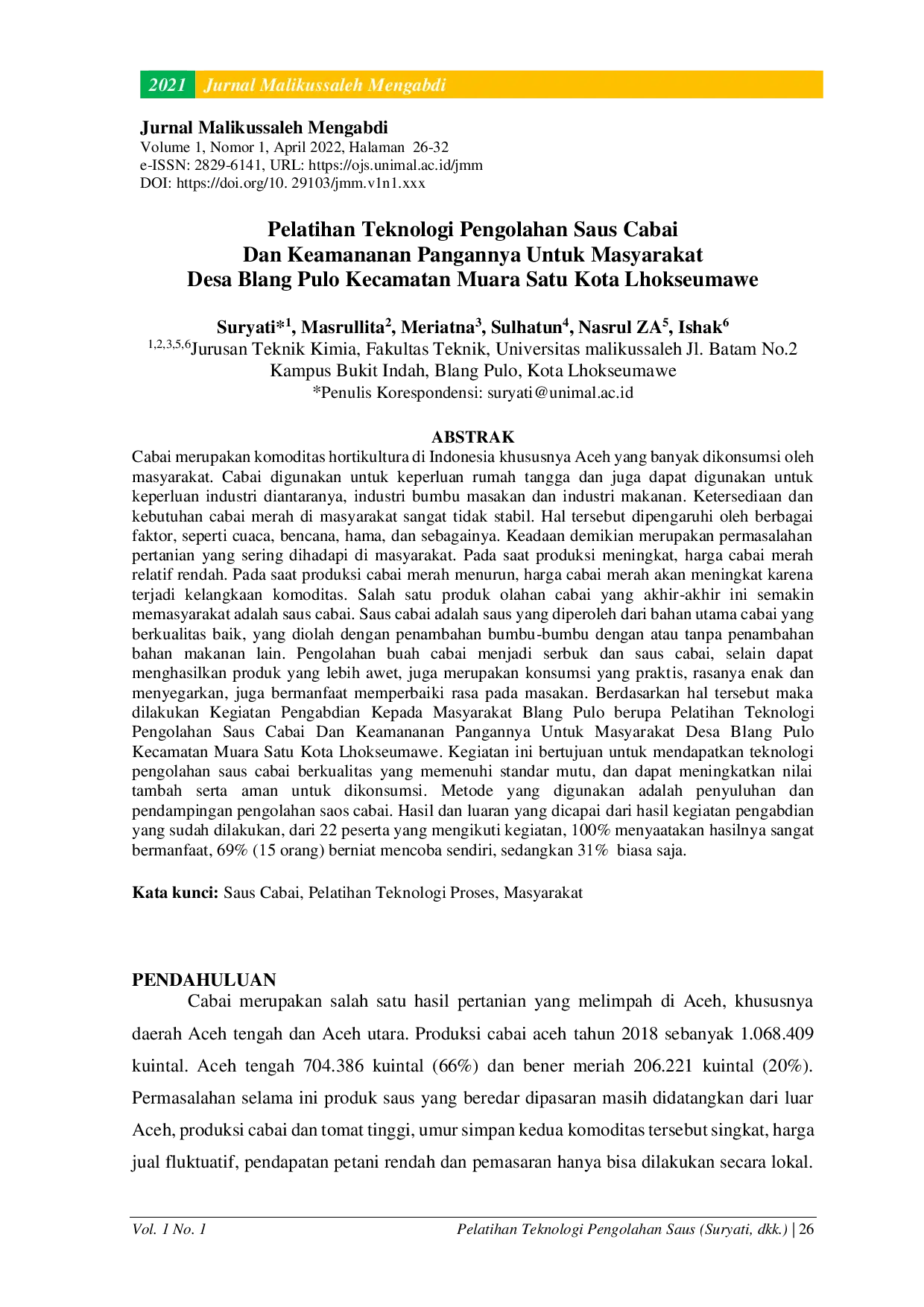 JURIS Pelatihan Teknologi Pengolahan Saus Cabai Dan Keamananan Pangannya Untuk Masyarakat Desa Blang Pulo Kecamatan Muara Satu Kota Lhokseumawe