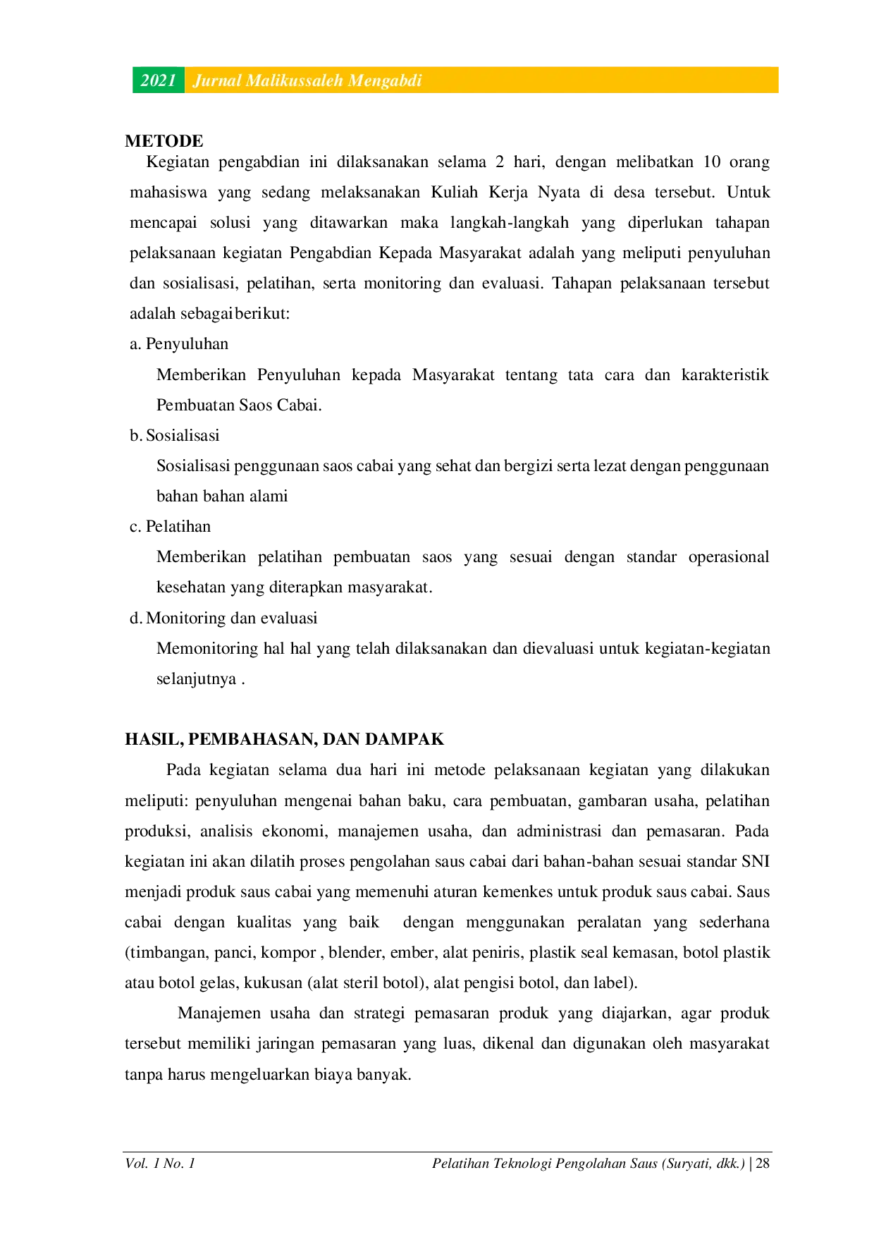 JURIS Pelatihan Teknologi Pengolahan Saus Cabai Dan Keamananan Pangannya Untuk Masyarakat Desa Blang Pulo Kecamatan Muara Satu Kota Lhokseumawe