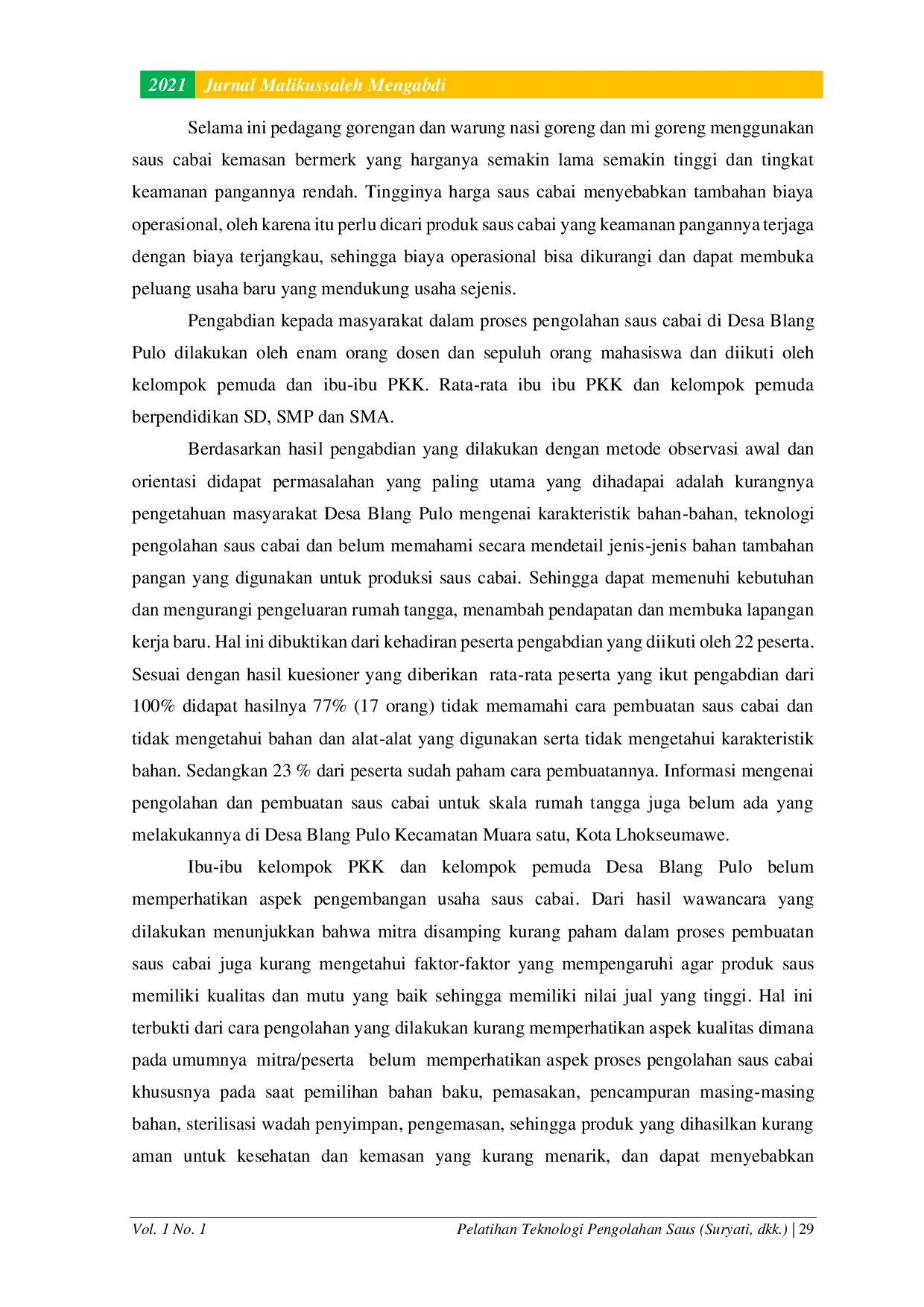 JURIS Pelatihan Teknologi Pengolahan Saus Cabai Dan Keamananan Pangannya Untuk Masyarakat Desa Blang Pulo Kecamatan Muara Satu Kota Lhokseumawe
