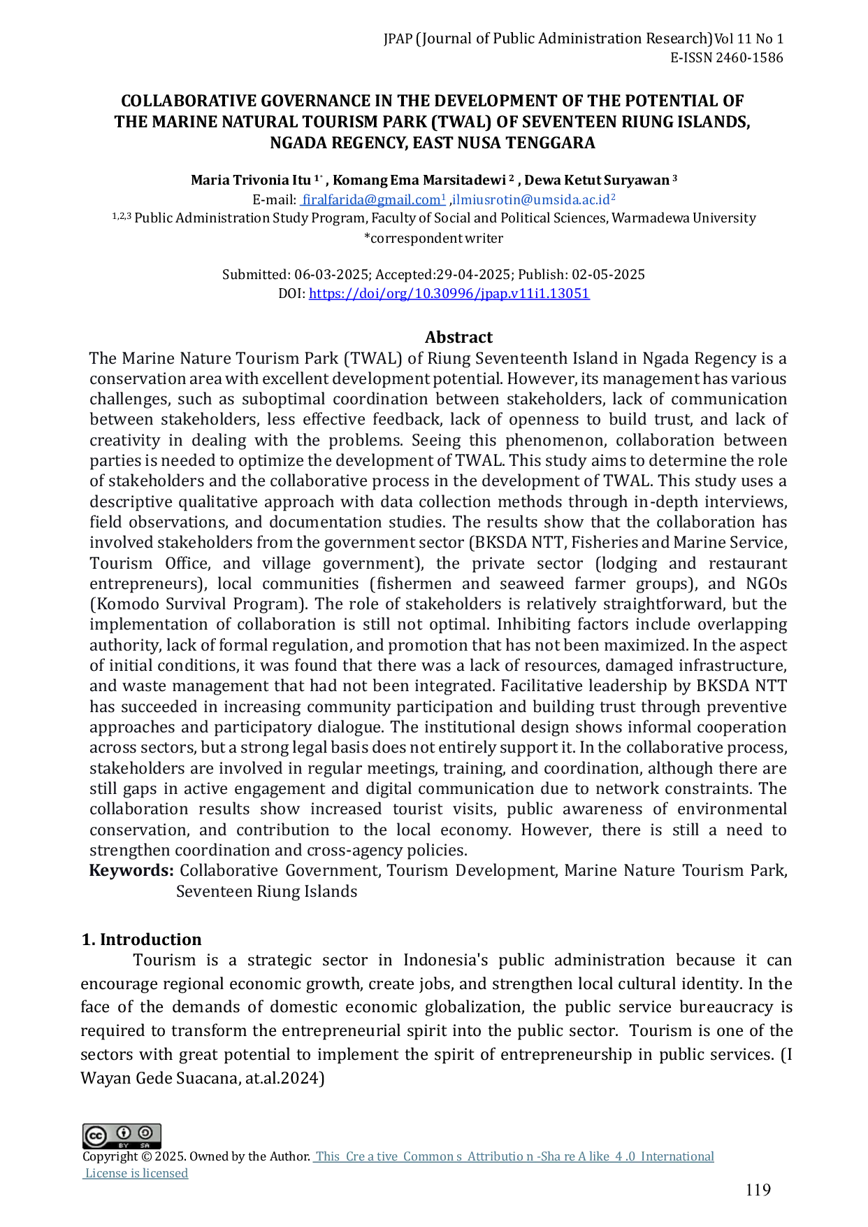 JURIS Collaborative Governance In The Development Of The Potential Of The Marine Natural Tourism Park Of Seventeen Riung Islands Ngada Regency East Nusa Tenggara