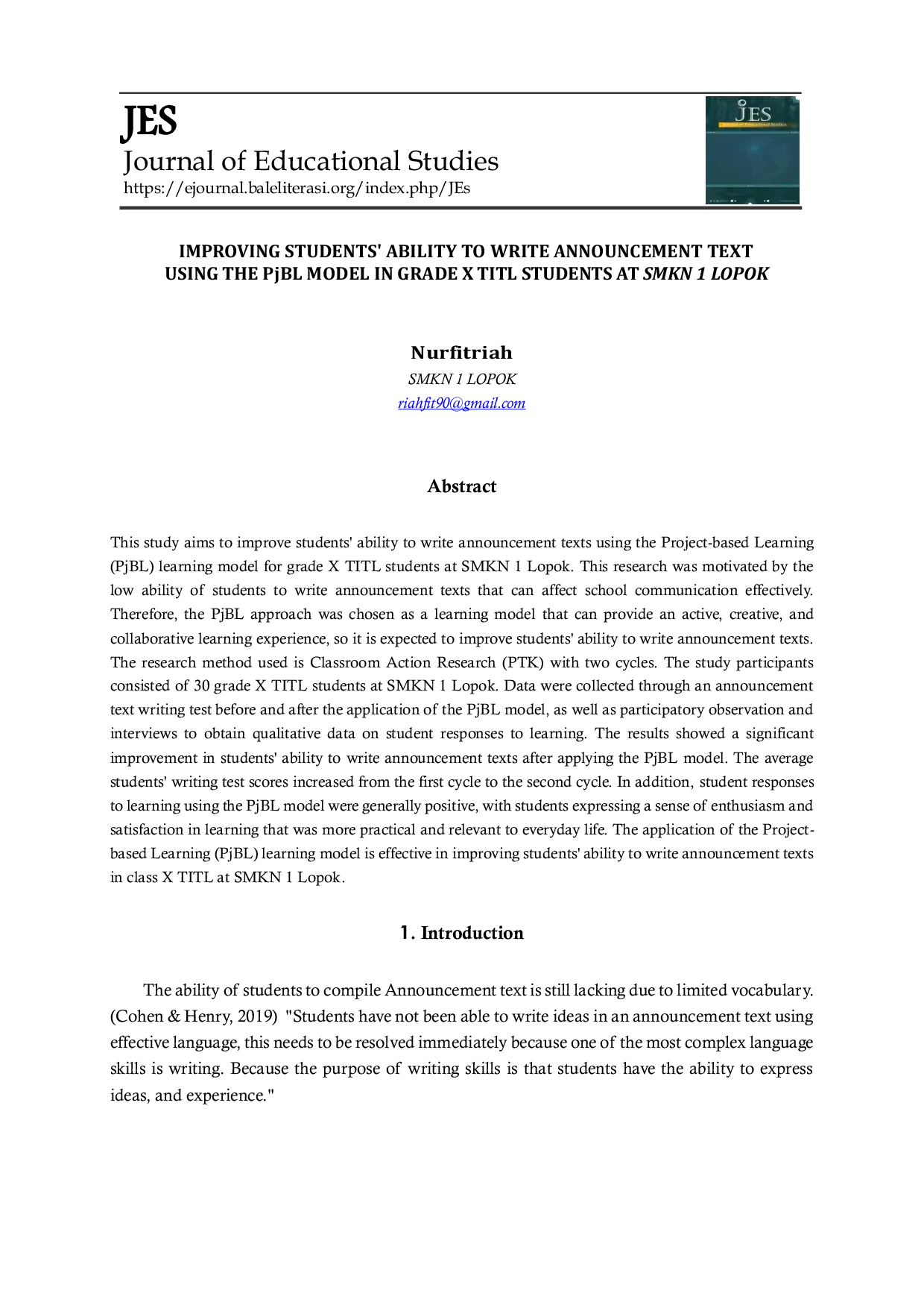 JURIS IMPROVING STUDENTS ABILITY TO WRITE ANNOUNCEMENT TEXT USING THE PjBL MODEL IN GRADE X TITL STUDENTS AT SMKN 1 LOPOK