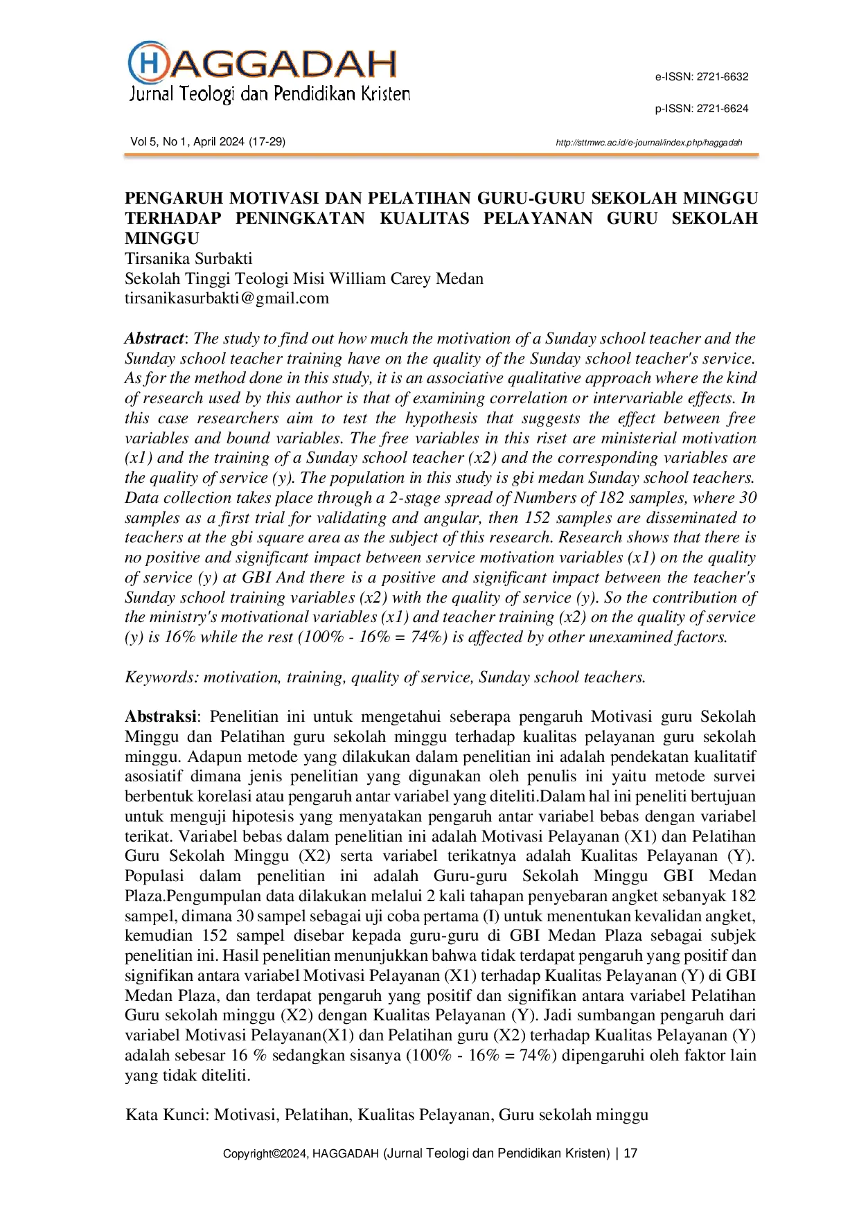 JURIS Pengaruh Motivasi Dan Pelatihan Guru Guru Sekolah Minggu Terhadap Peningkatan Kualitas Pelayanan Guru Sekolah Minggu