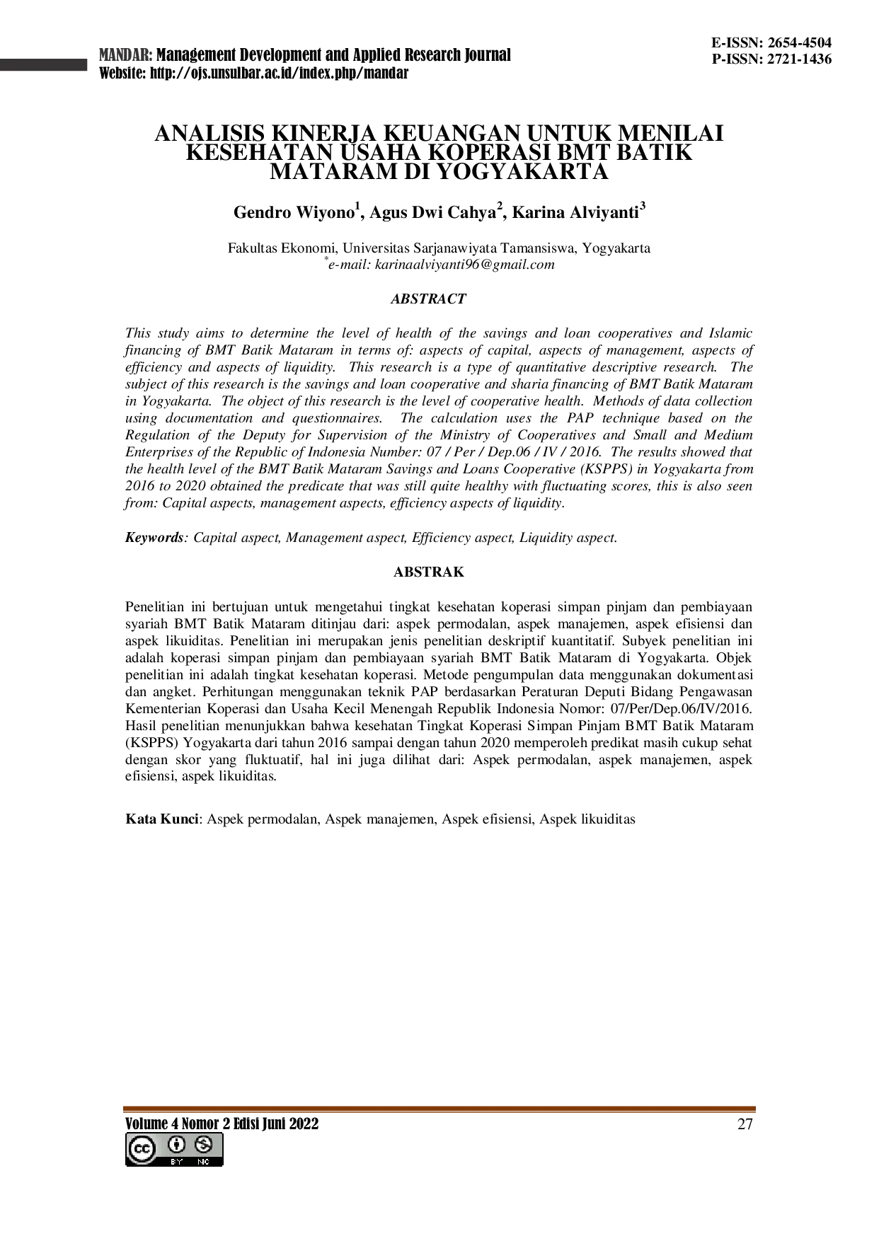 JURIS Analisis Kinerja Keuangan untuk Menilai Kesehatan Usaha Koperasi BMT Batik Mataram di Yogyakarta