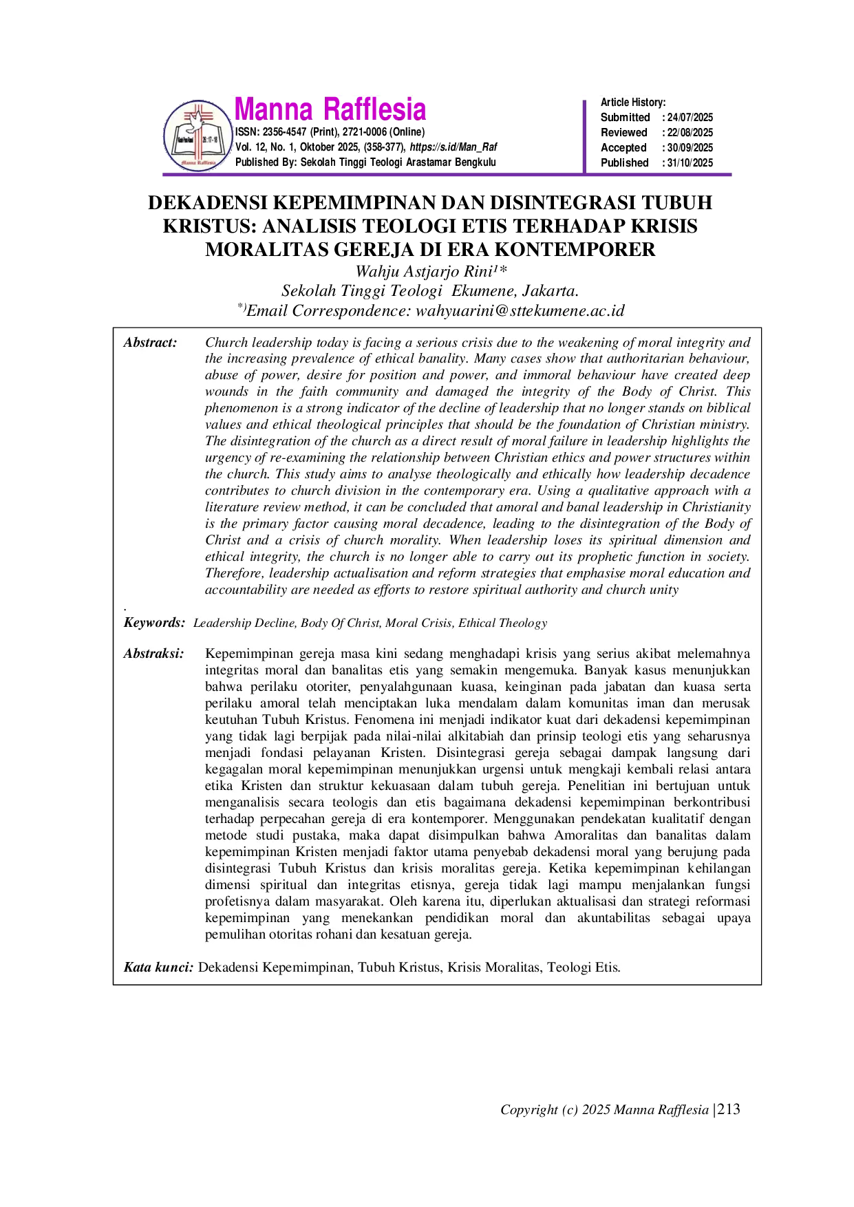JURIS Dekadensi Kepemimpinan Dan Disintegrasi Tubuh Kristus Analisis Teologi Etis Terhadap Krisis Moralitas Gereja Di Era Kontemporer