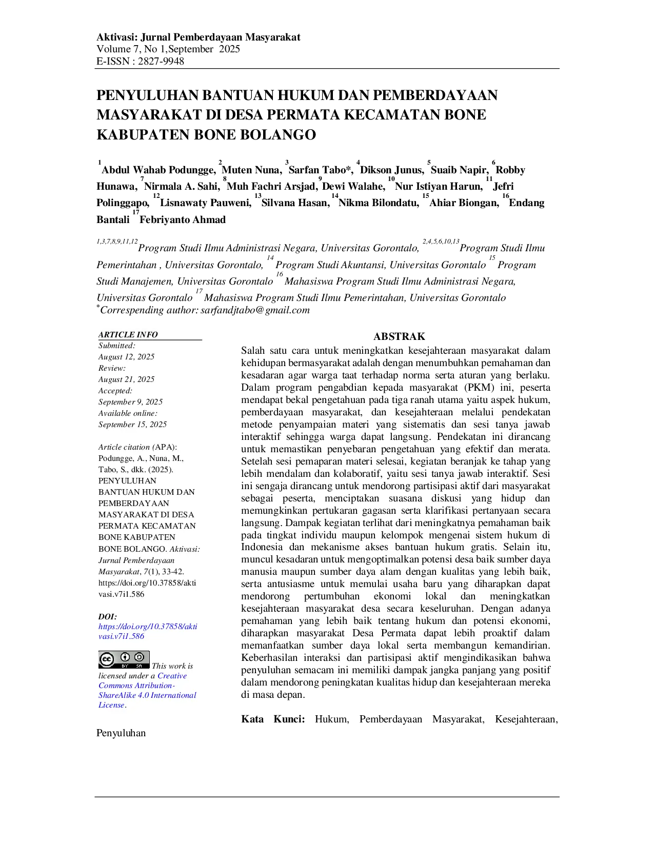 JURIS Penyuluhan Bantuan Hukum dan Pemberdayaan Masyarakat di Desa Permata Kecamatan Bone Kabupaten Bone Bolango