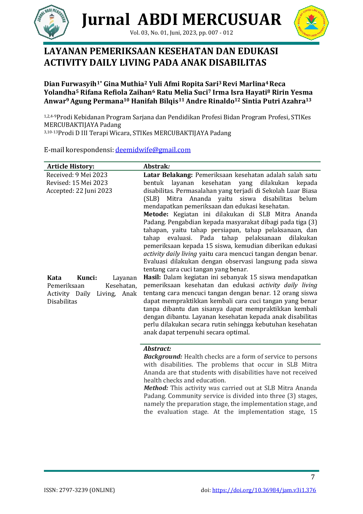 JURIS Layanan Pemeriksaan Kesehatan dan Edukasi Activity Daily Living pada Anak Disabilitas