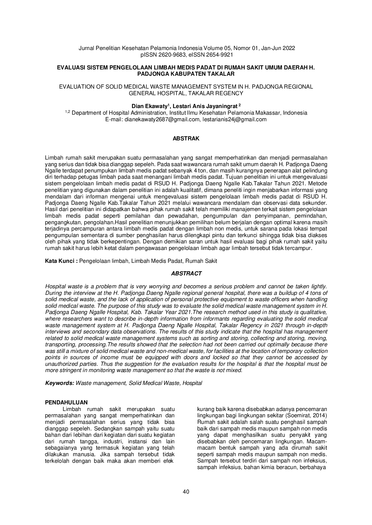 JURIS Evaluasi Sistem Pengelolaan Limbah Medis Padat Di Rumah Sakit Umum Daerah H Padjonga Kabupaten Takalar