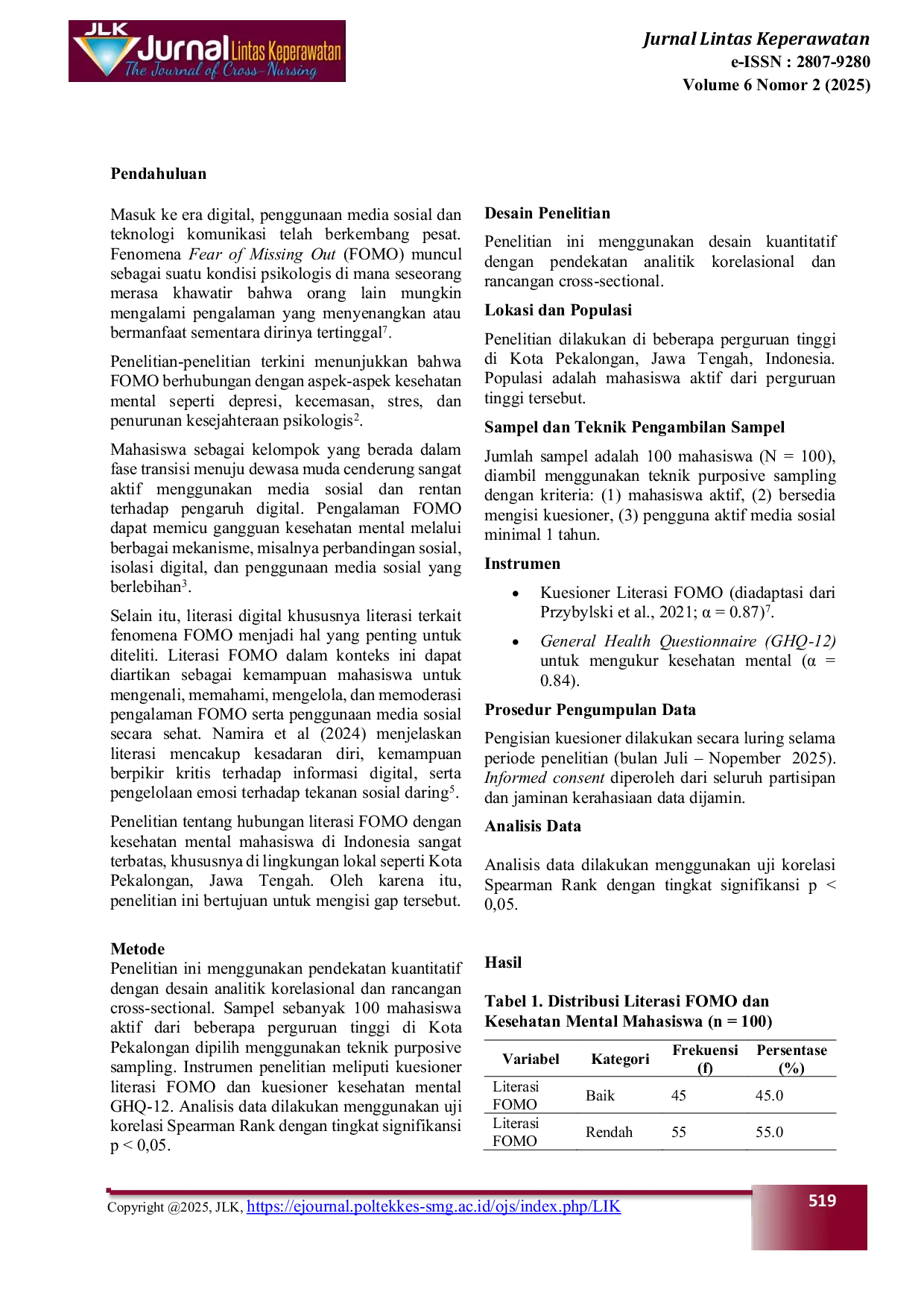 JURIS Hubungan Antara Literasi Fear Of Missing Out Fomo Dengan Kesehatan Mental Mahasiswa Di Kota Pekalongan