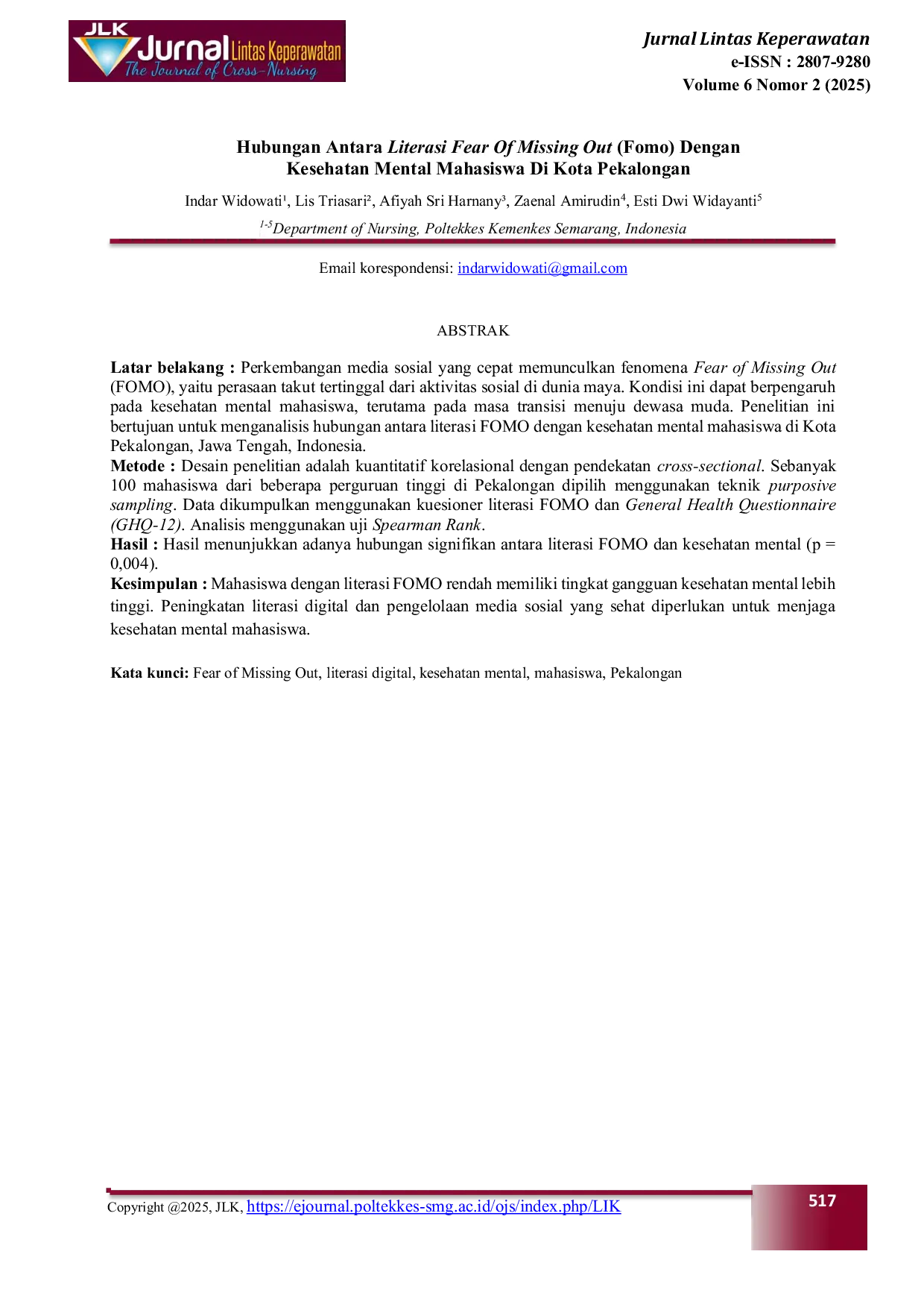 JURIS Hubungan Antara Literasi Fear Of Missing Out Fomo Dengan Kesehatan Mental Mahasiswa Di Kota Pekalongan