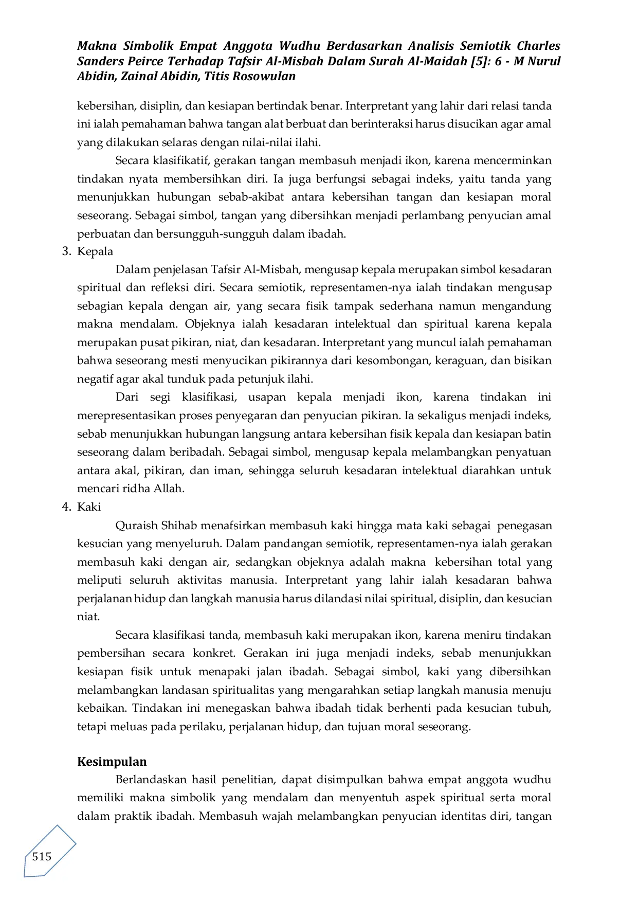 JURIS Makna Simbolik Empat Anggota Wudhu Berdasarkan Analisis Semiotik Charles Sanders Peirce Terhadap Tafsir Al Misbah Dalam Surah Al Maidah 5 6