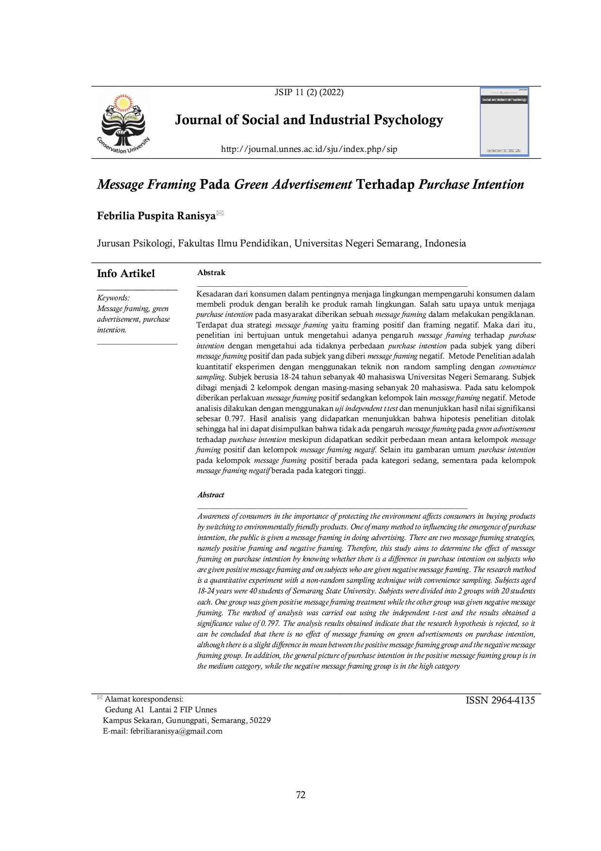 JURIS Message Framing Pada Green Advertisement Terhadap Purchase Intention