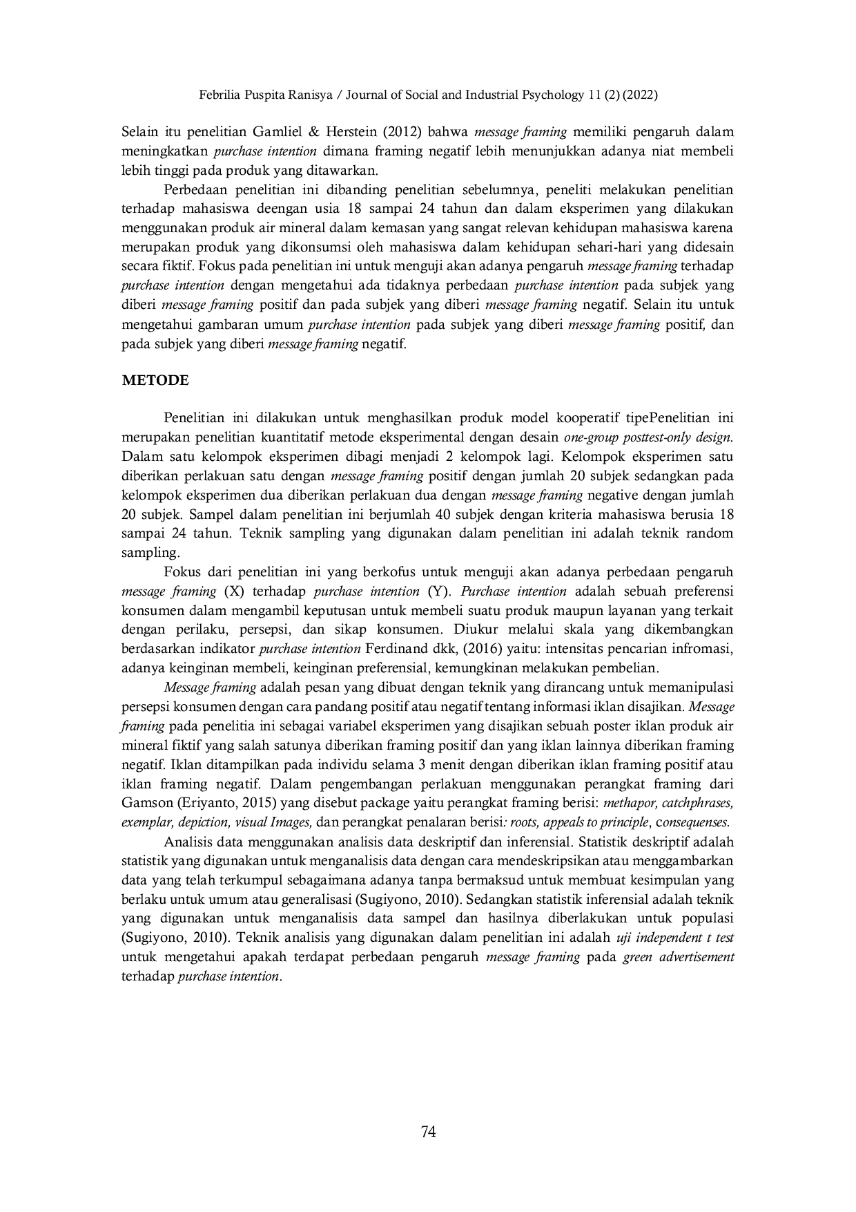 JURIS Message Framing Pada Green Advertisement Terhadap Purchase Intention