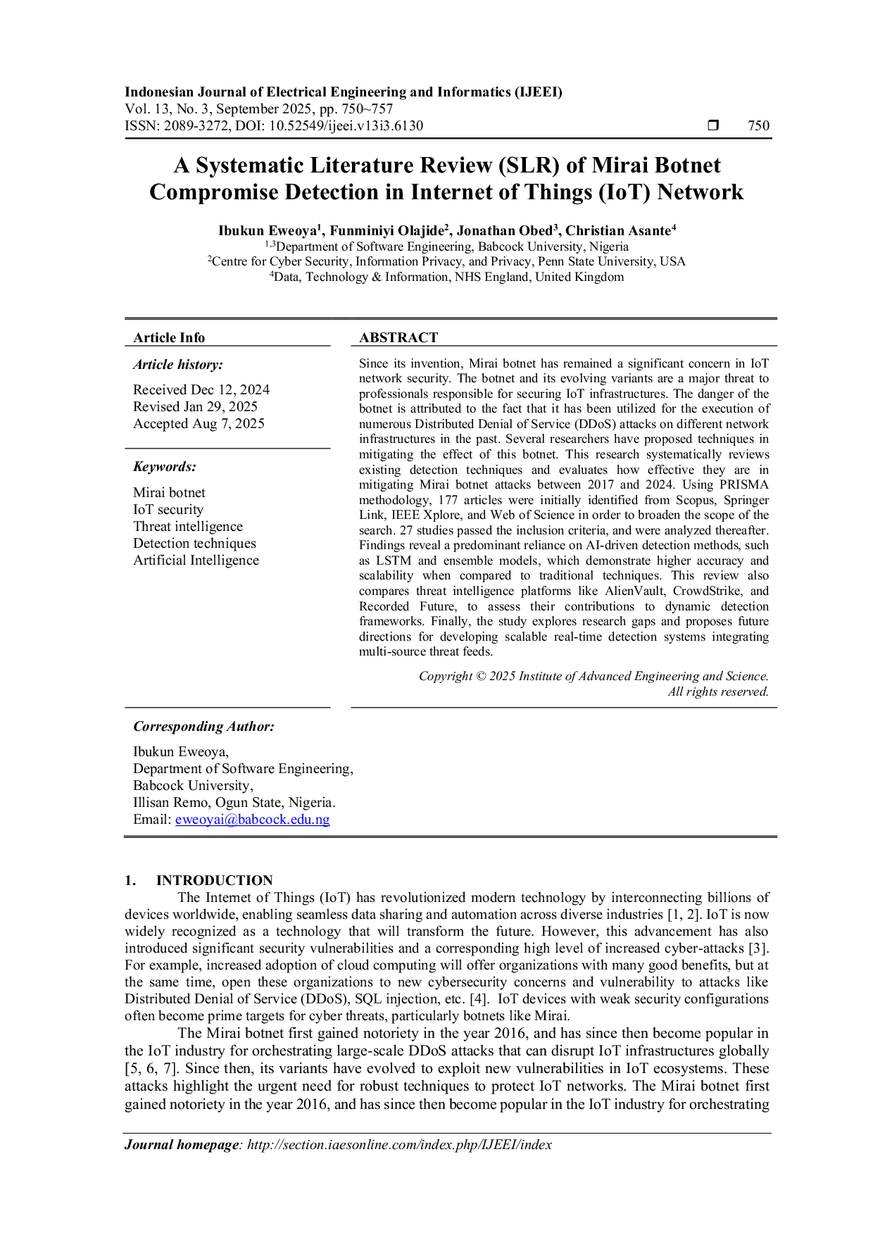 JURIS A Systematic Literature Review SLR of Mirai Botnet Compromise Detection in Internet of Things IoT Network