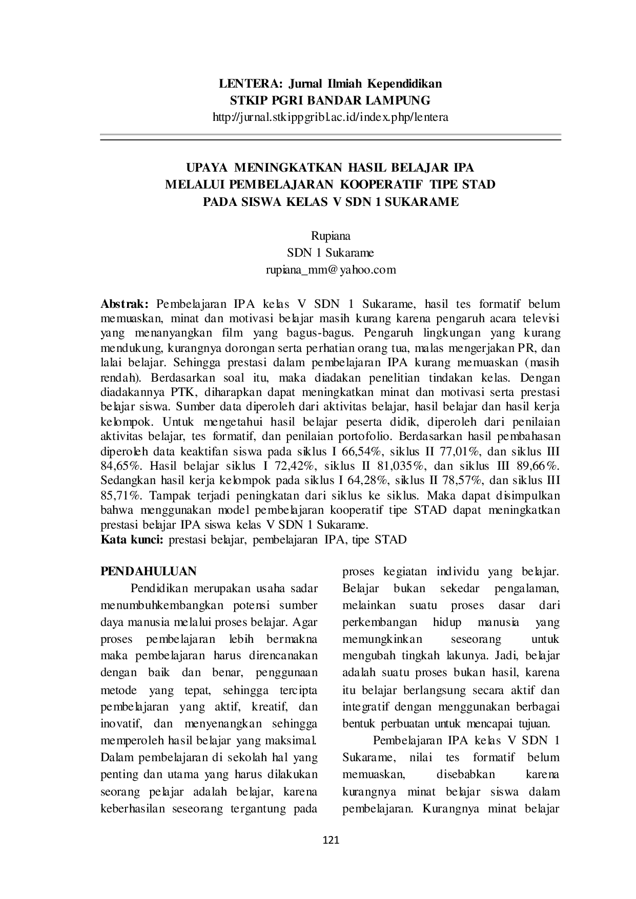 JURIS Upaya Meningkatkan Hasil Belajar IPA Melalui Pembelajaran Kooperatif Tipe STAD pada Siswa Kelas V SDN 1 Sukarame