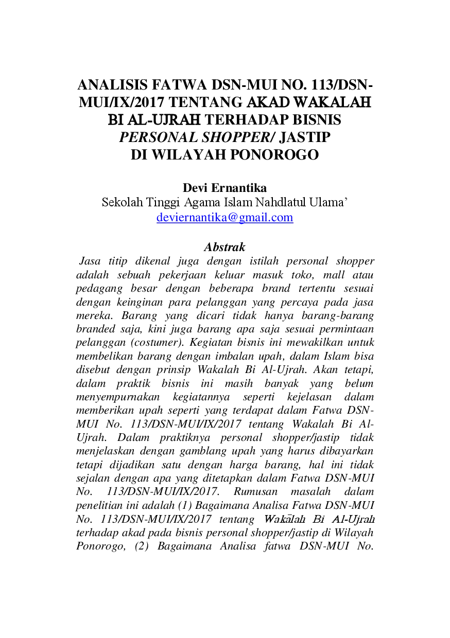 juris Analisis Fatwa DSN MUI No 113 DSN MUI IX 2017 Tentang Akad Wakalah Bi Al Ujrah Terhadap Bisnis Personal Shopper Jastip di Wilayah Ponorogo