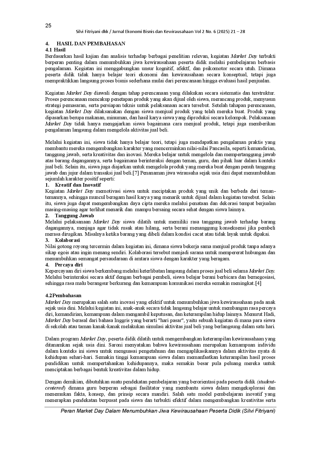 juris Peran Market Day Dalam Menumbuhkan Jiwa Kewirausahaan Peserta Didik